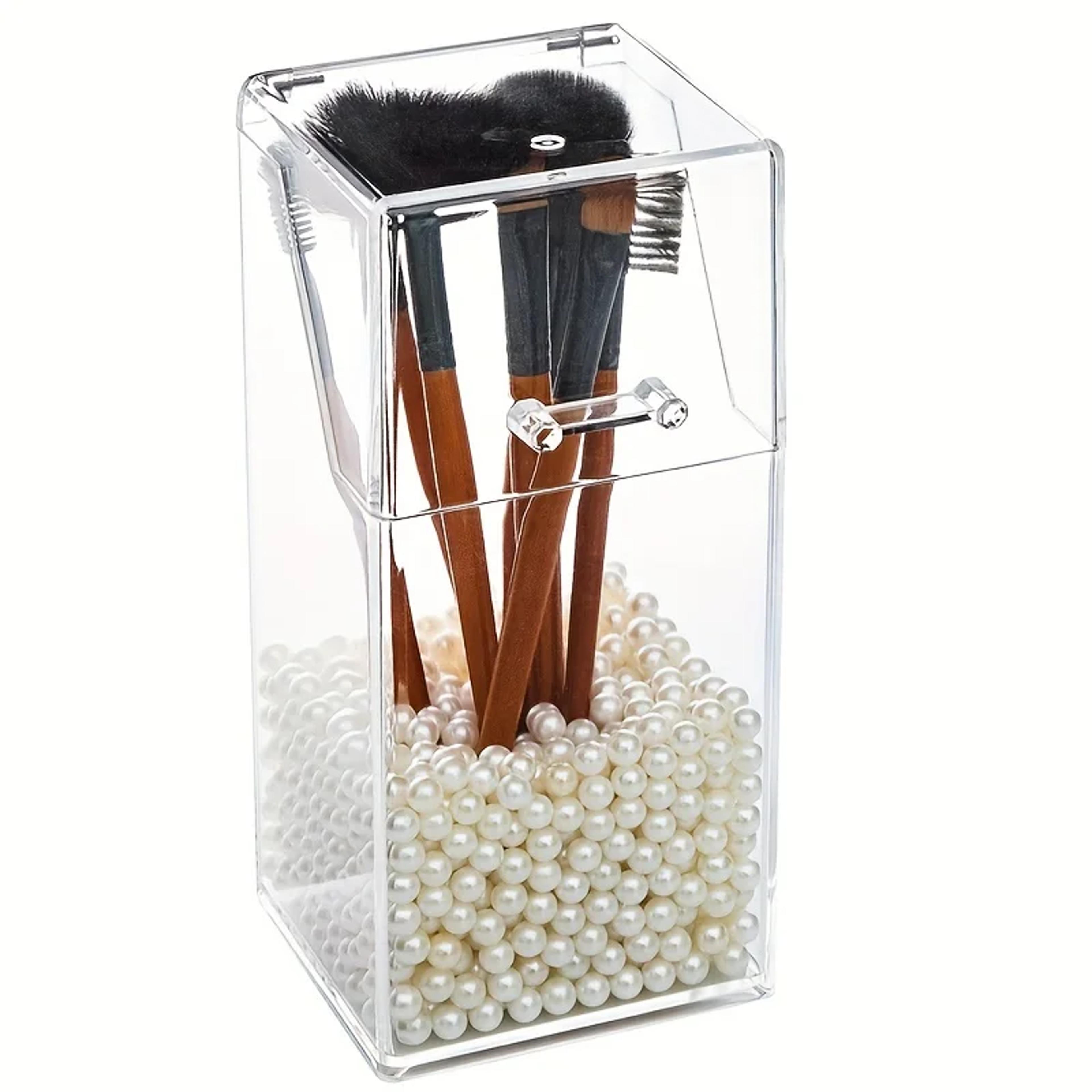 dustproof clear acrylic makeup brush organizer with lid and pearl base