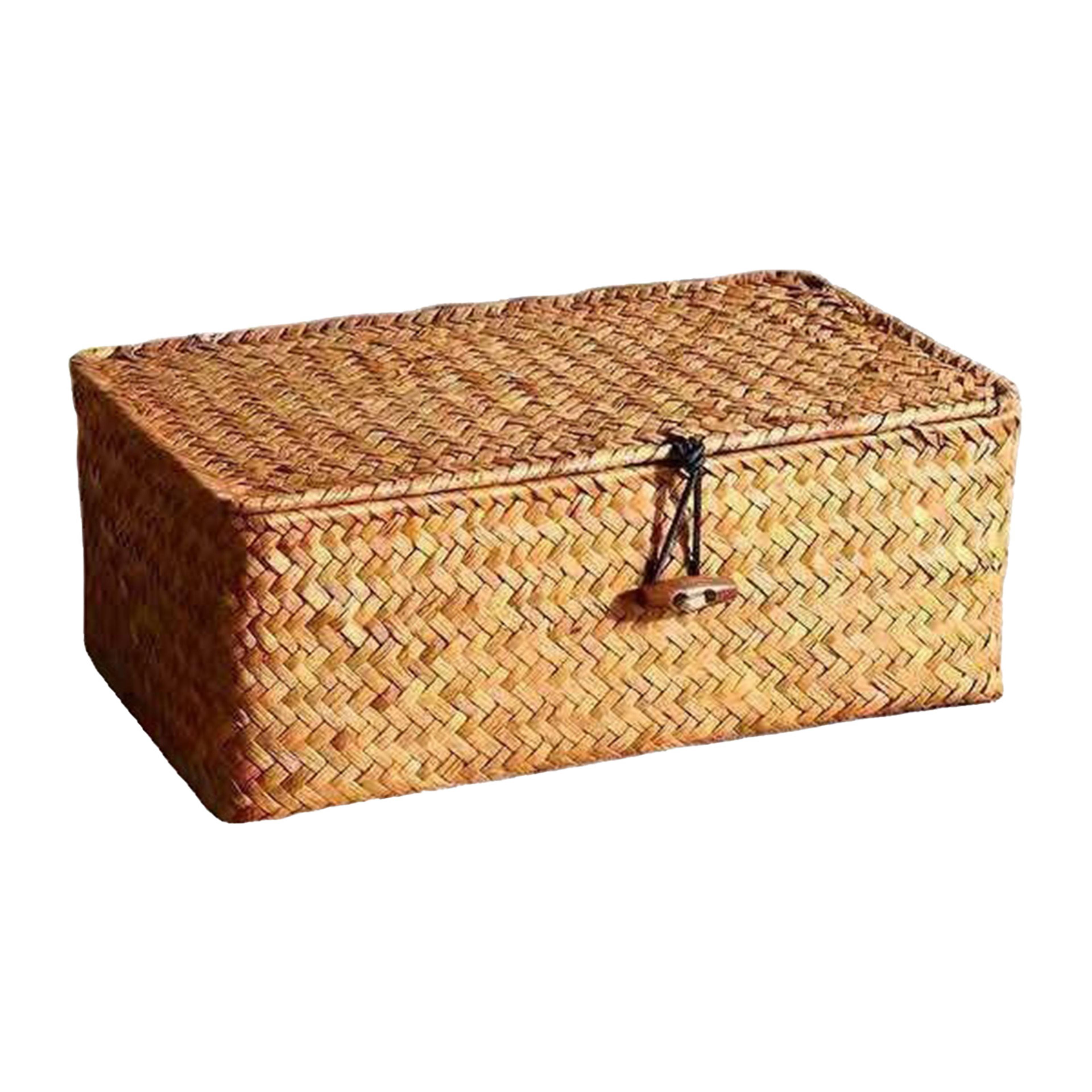 hand woven straw storage box with lid decorative rattan desk organizer