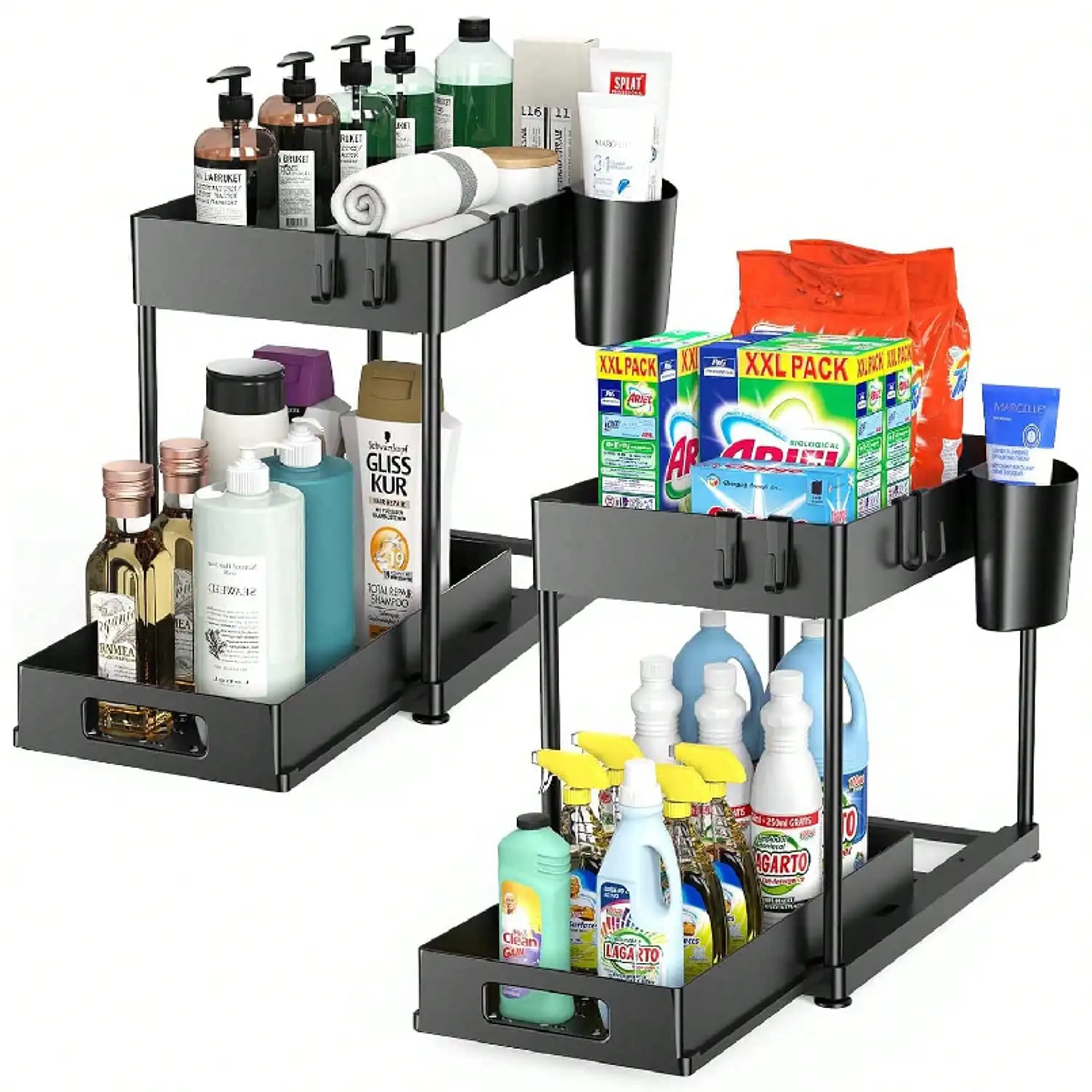 pull out under sink organizer with sliding drawer for kitchen and bathroom storage