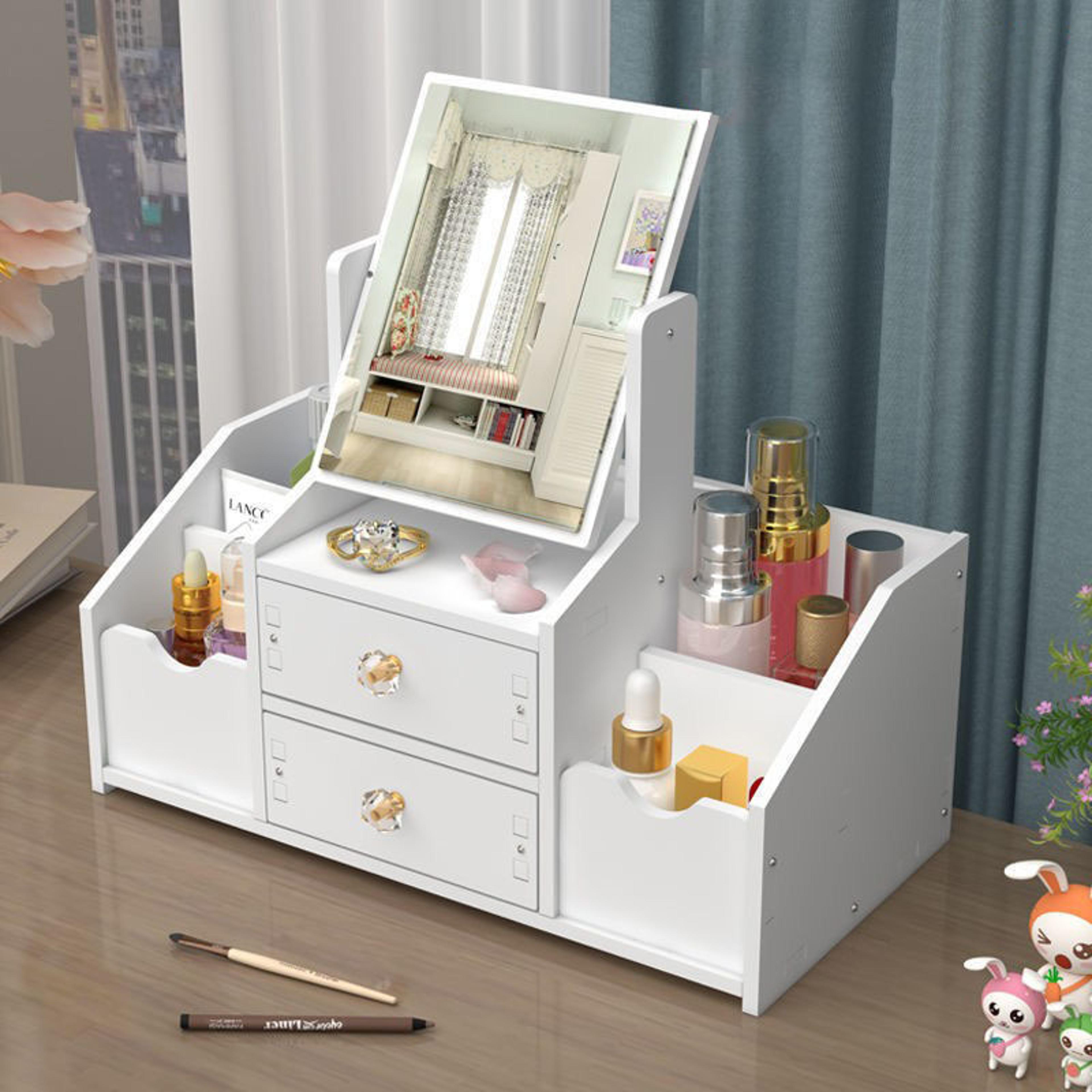 large capacity makeup organizer with mirror, cosmetic storage box and drawer