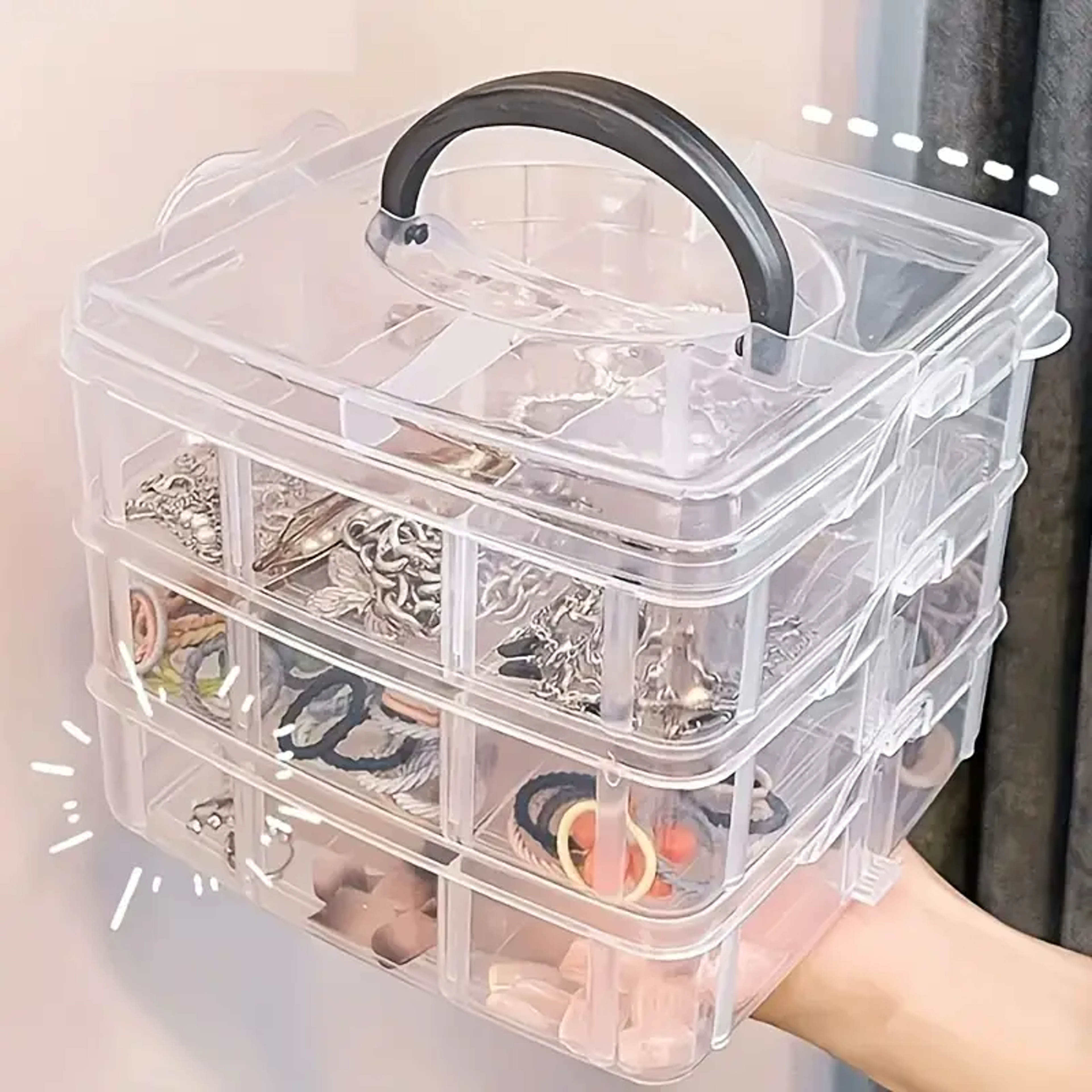 18 compartment stackable jewelry organizer box with clear storage tiers and carry handle