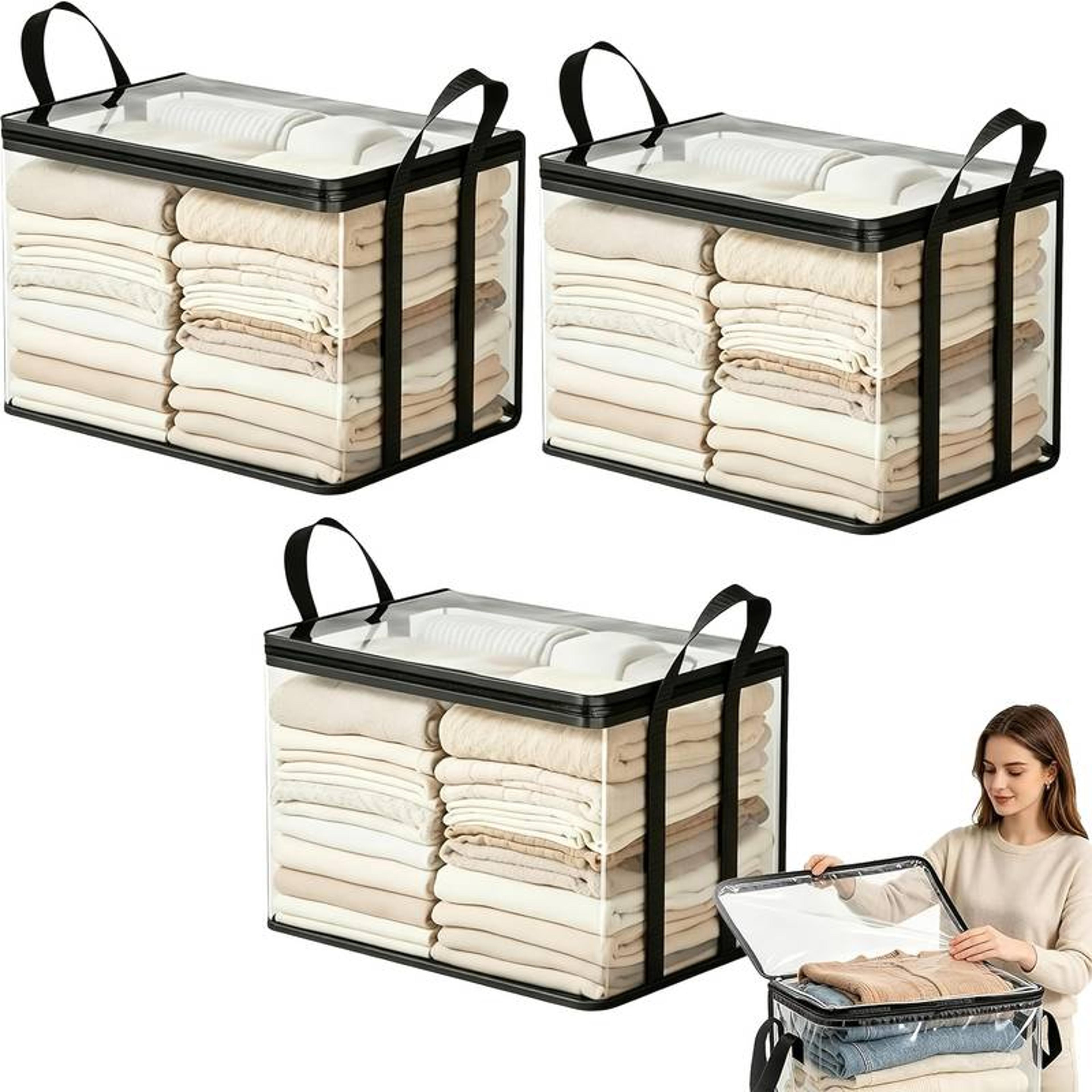 3 pack large clear foldable storage bins with lids for clothes and blankets