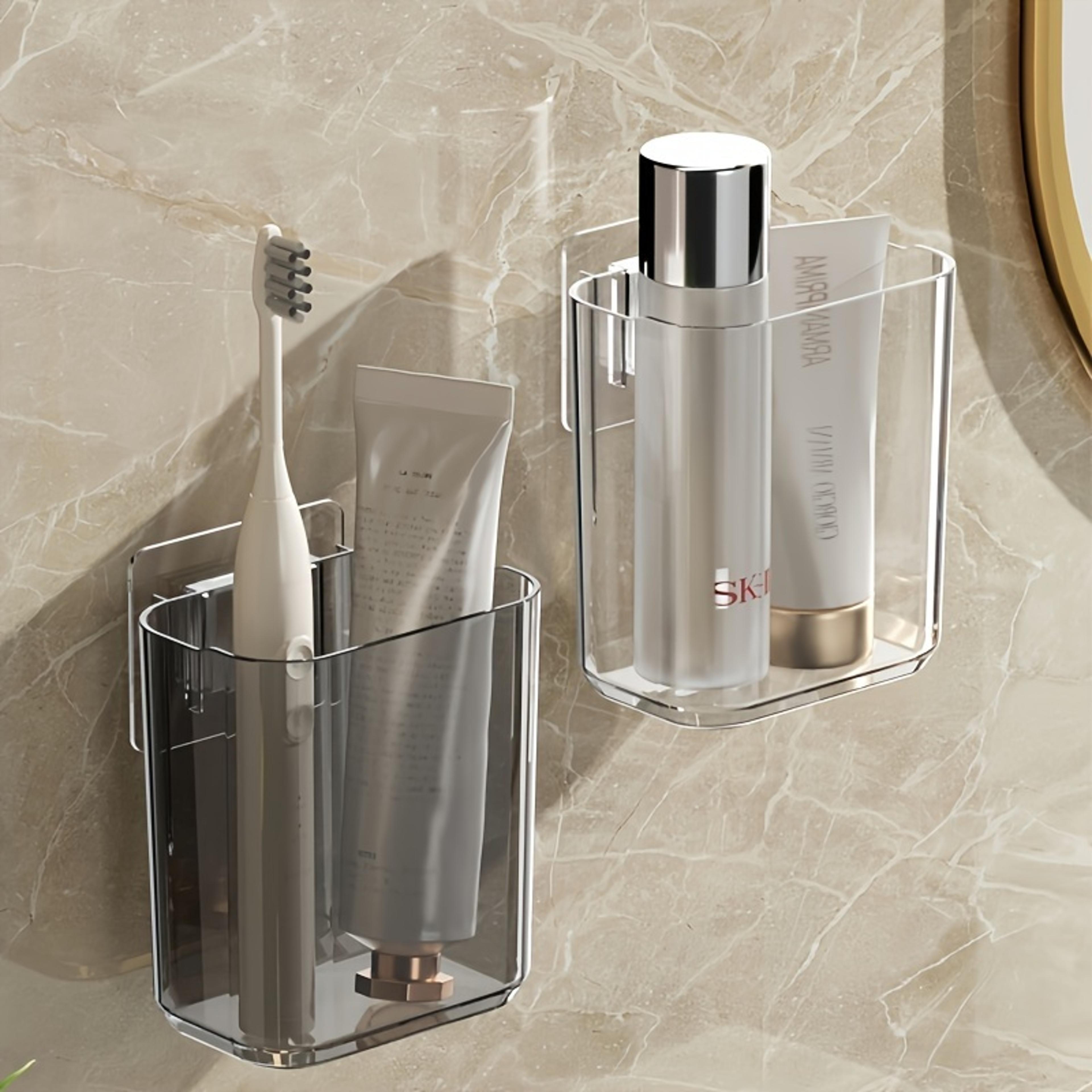 space saving wall mounted toothbrush holder with self adhesive storage cup
