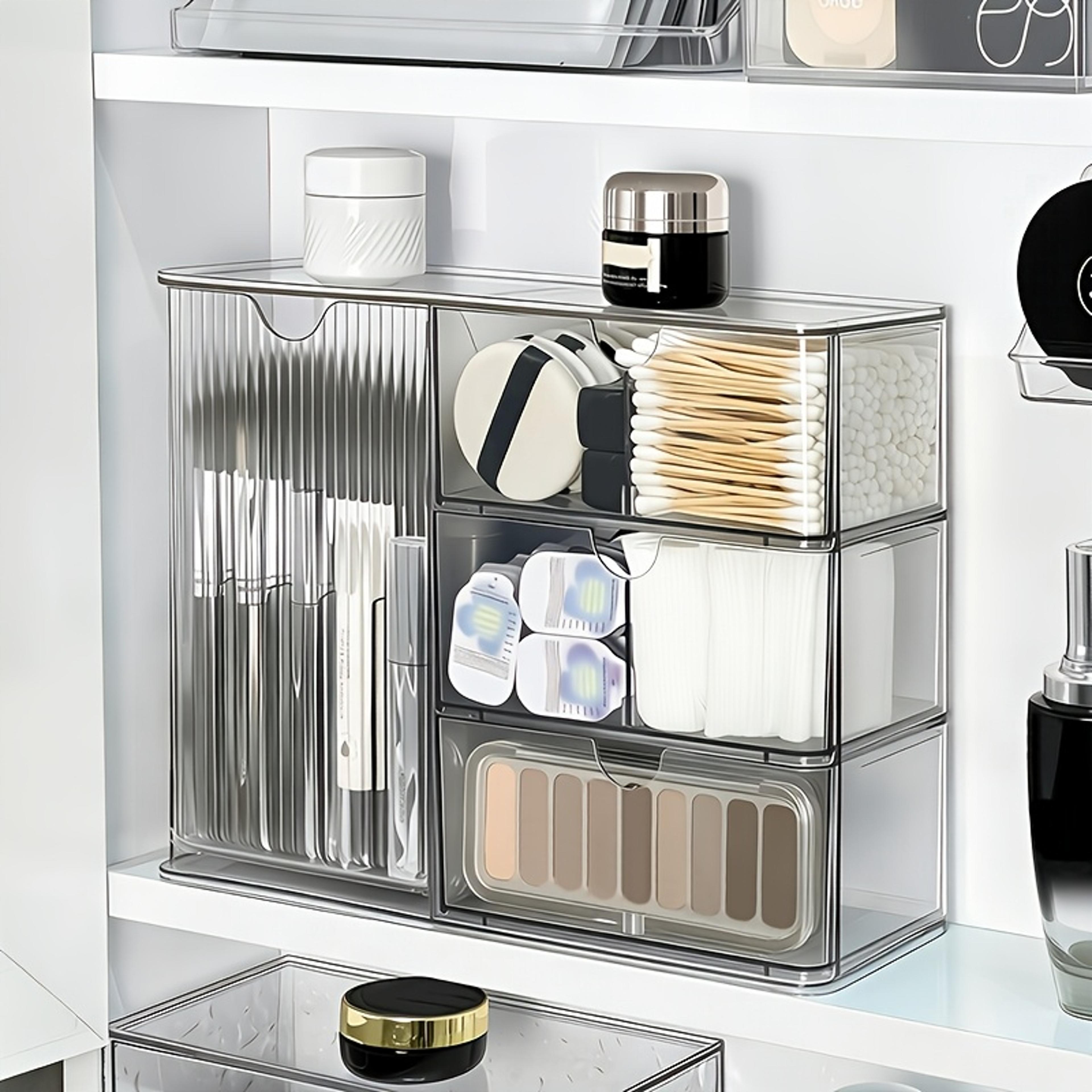 clear acrylic makeup organizer with drawers and brush holder for vanity