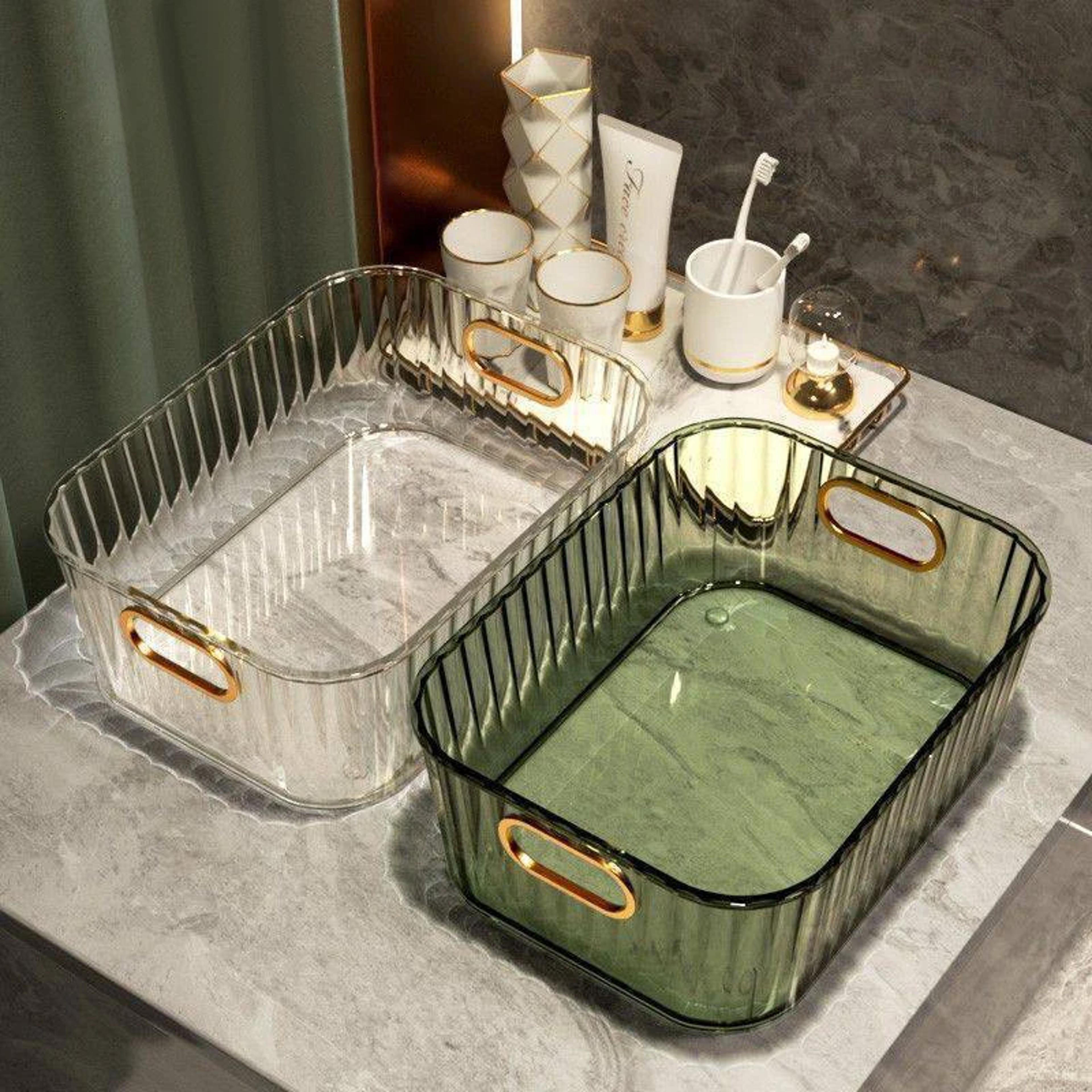clear pet makeup organizer basket with gold handles for vanity bathroom and desktop storage