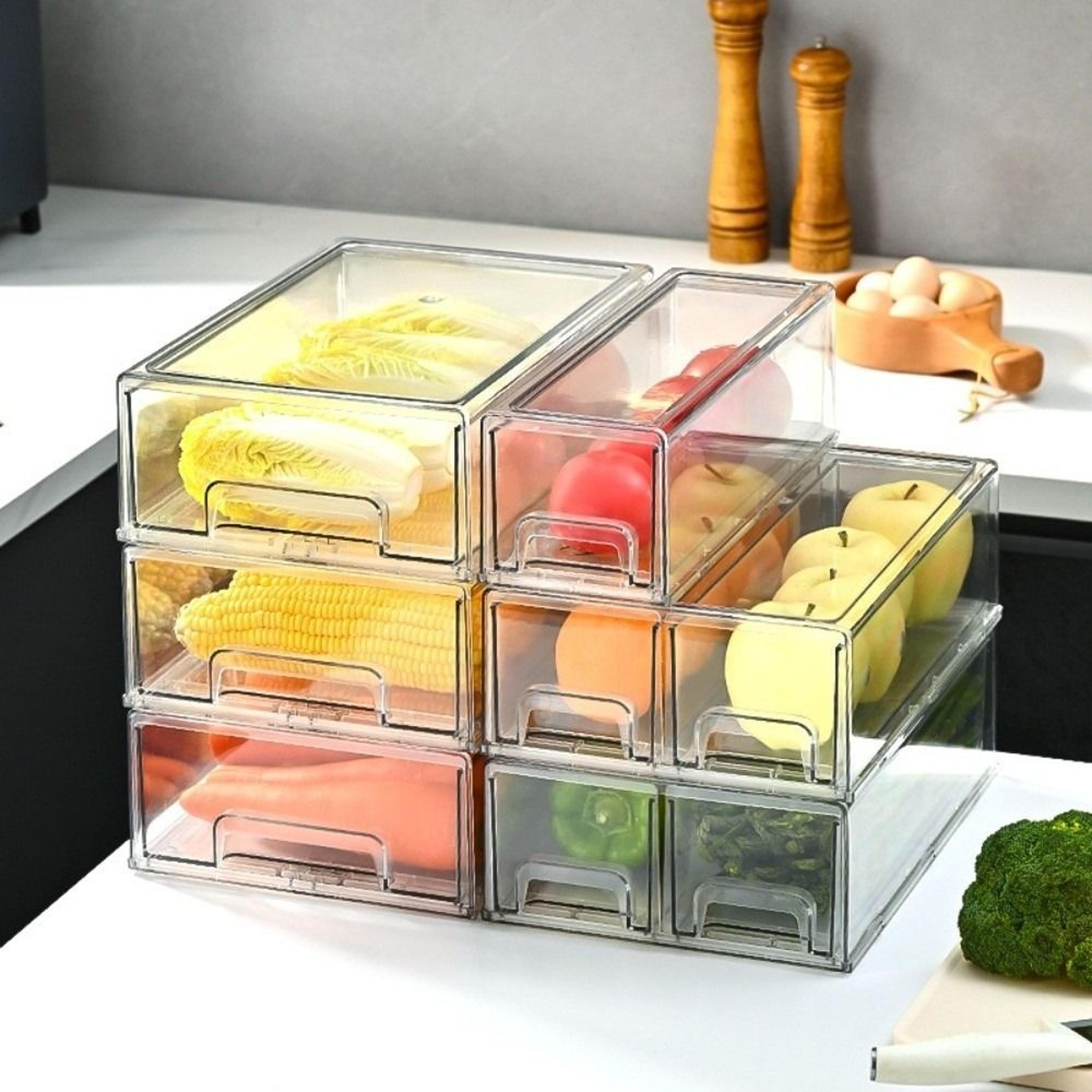 clear stackable refrigerator storage box with pull out drawer organizer