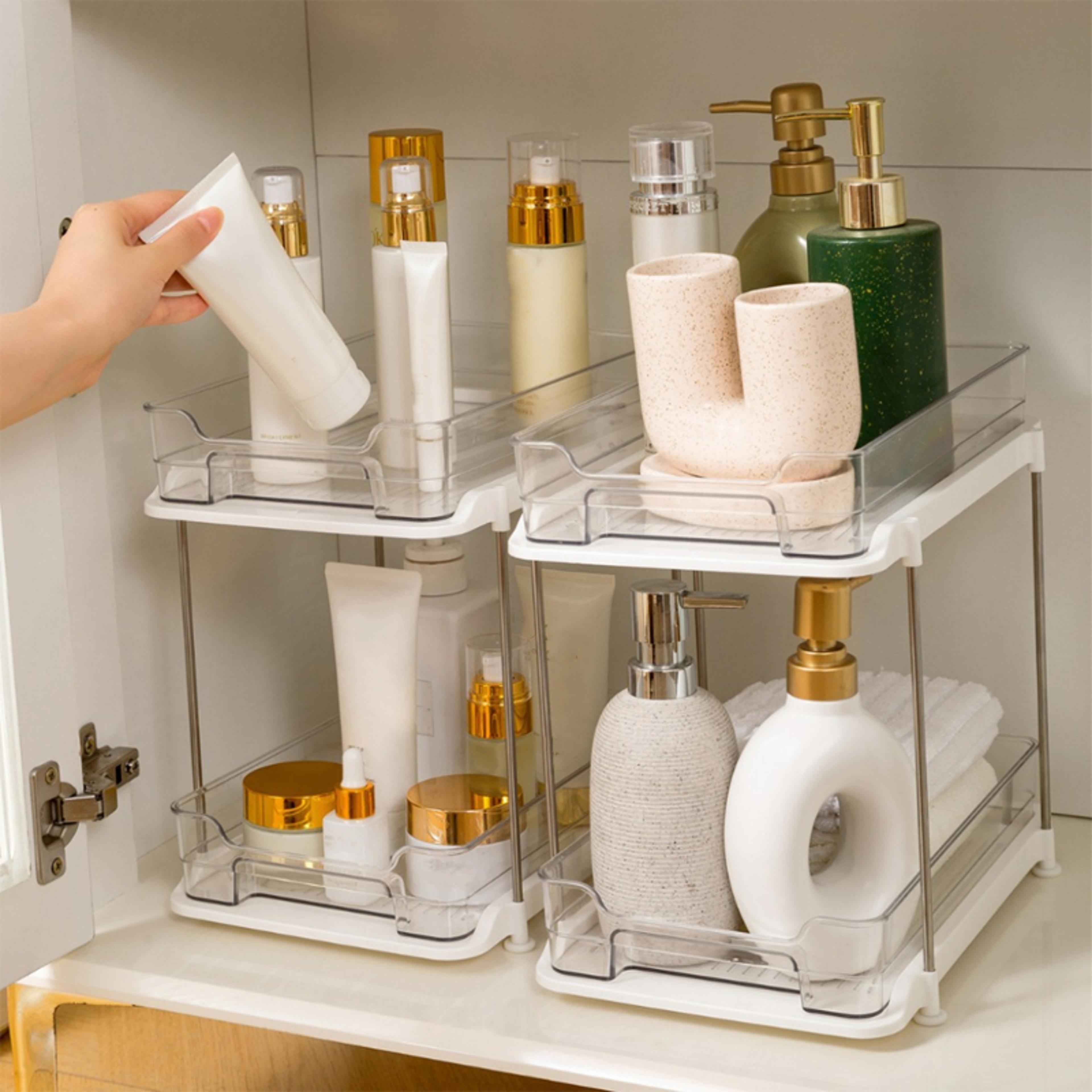 2 tier clear under sink organizer with pull out drawers and stackable storage