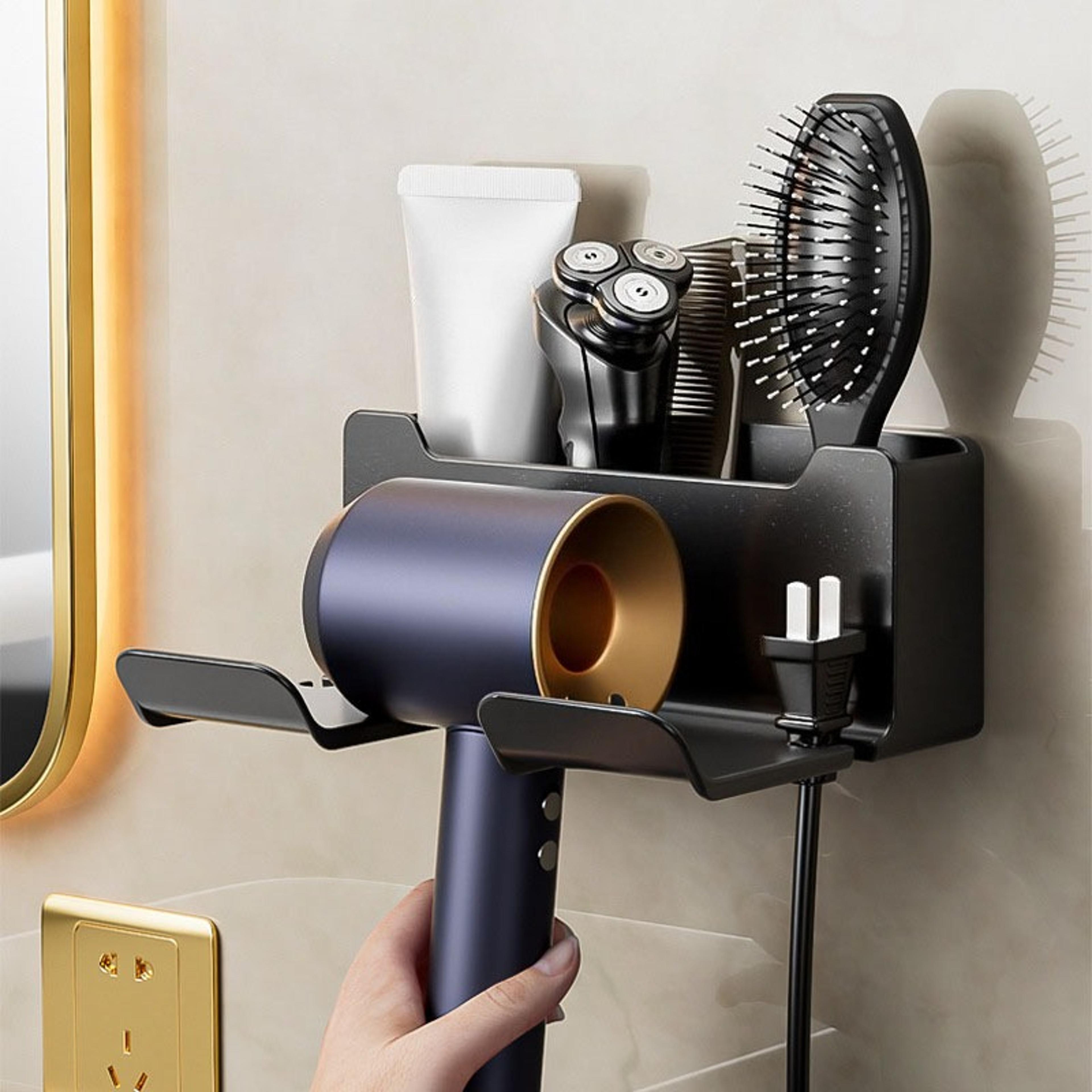 drill free wall mount hair dryer holder with bathroom organizer and phone stand