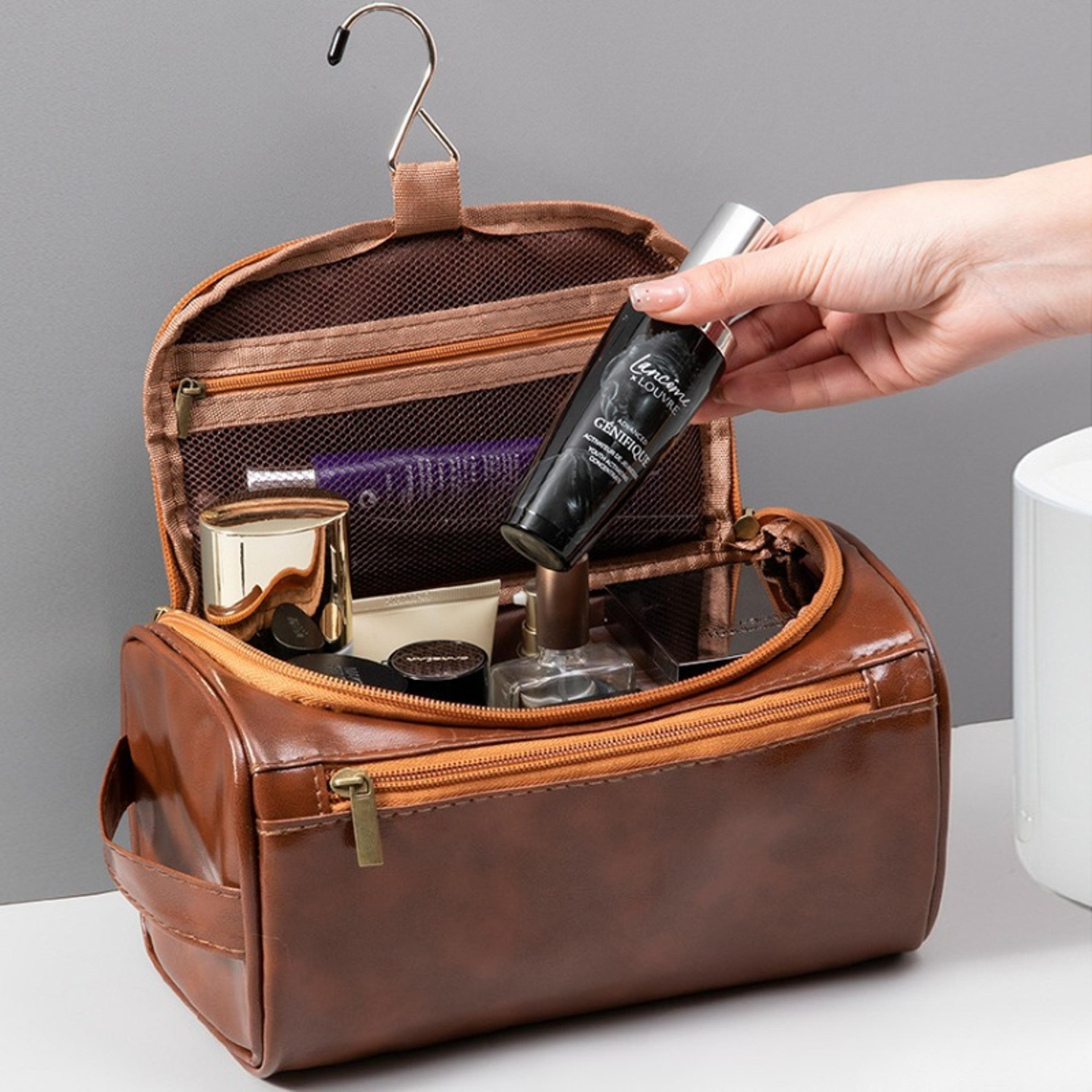 leather hanging toiletry bag waterproof travel cosmetic organizer