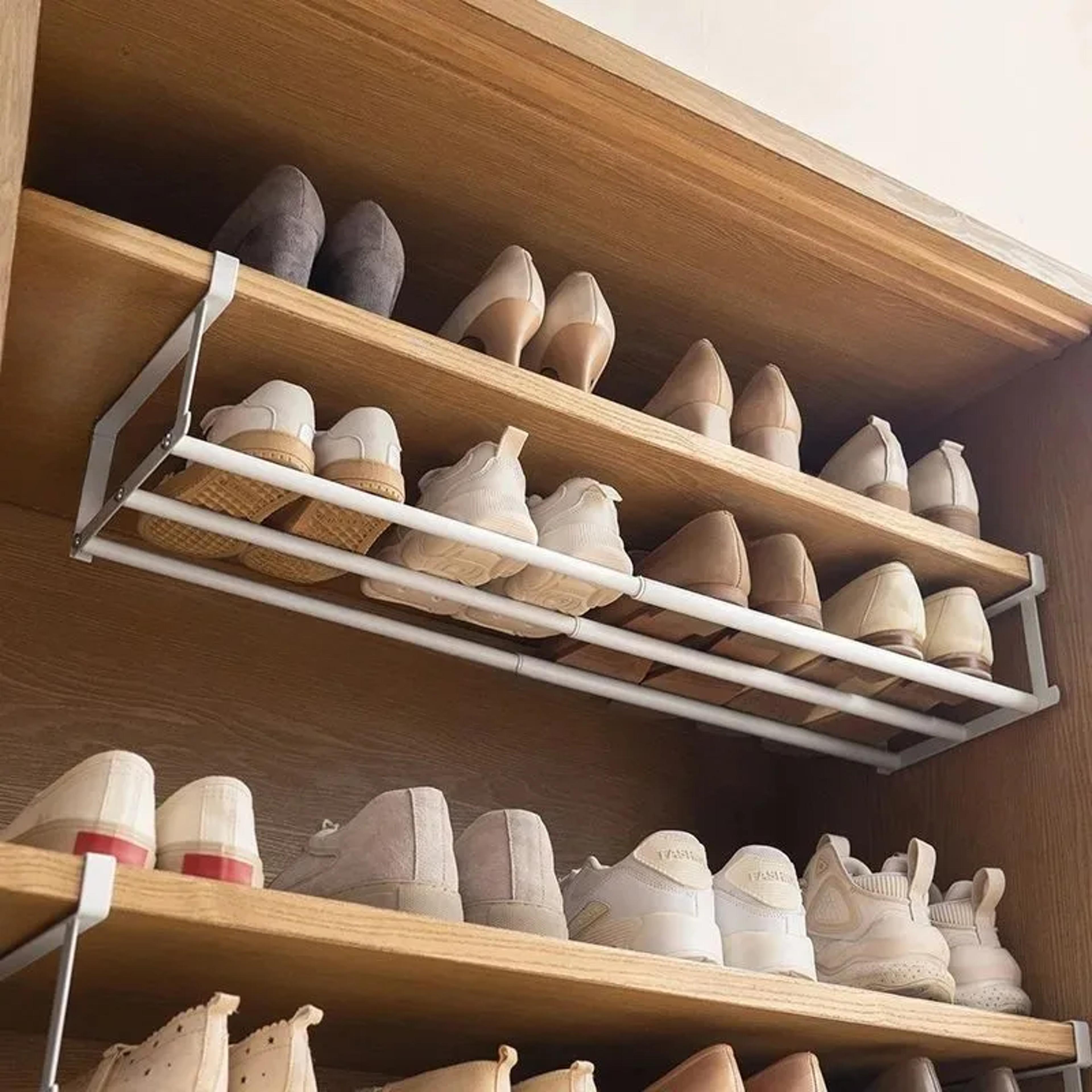 adjustable telescopic shoe rack space saving closet organizer with hanging basket