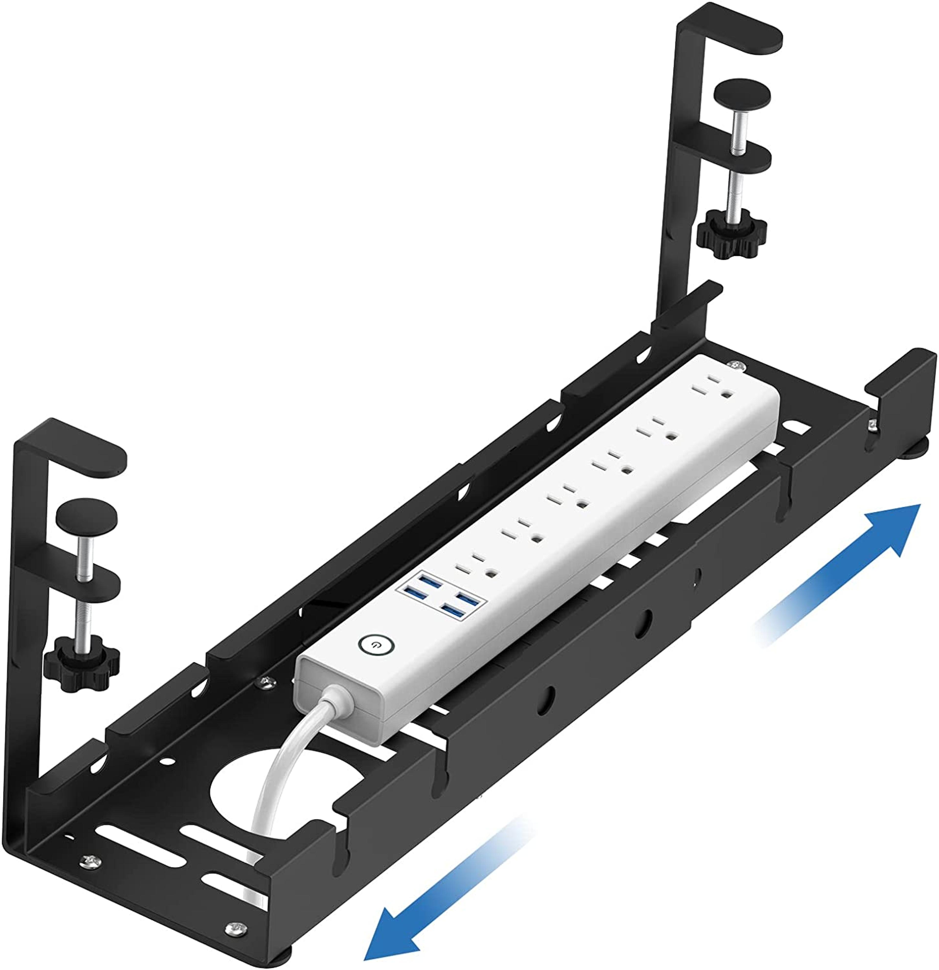 extendable under desk cable management tray with no drill clamp and power strip holder
