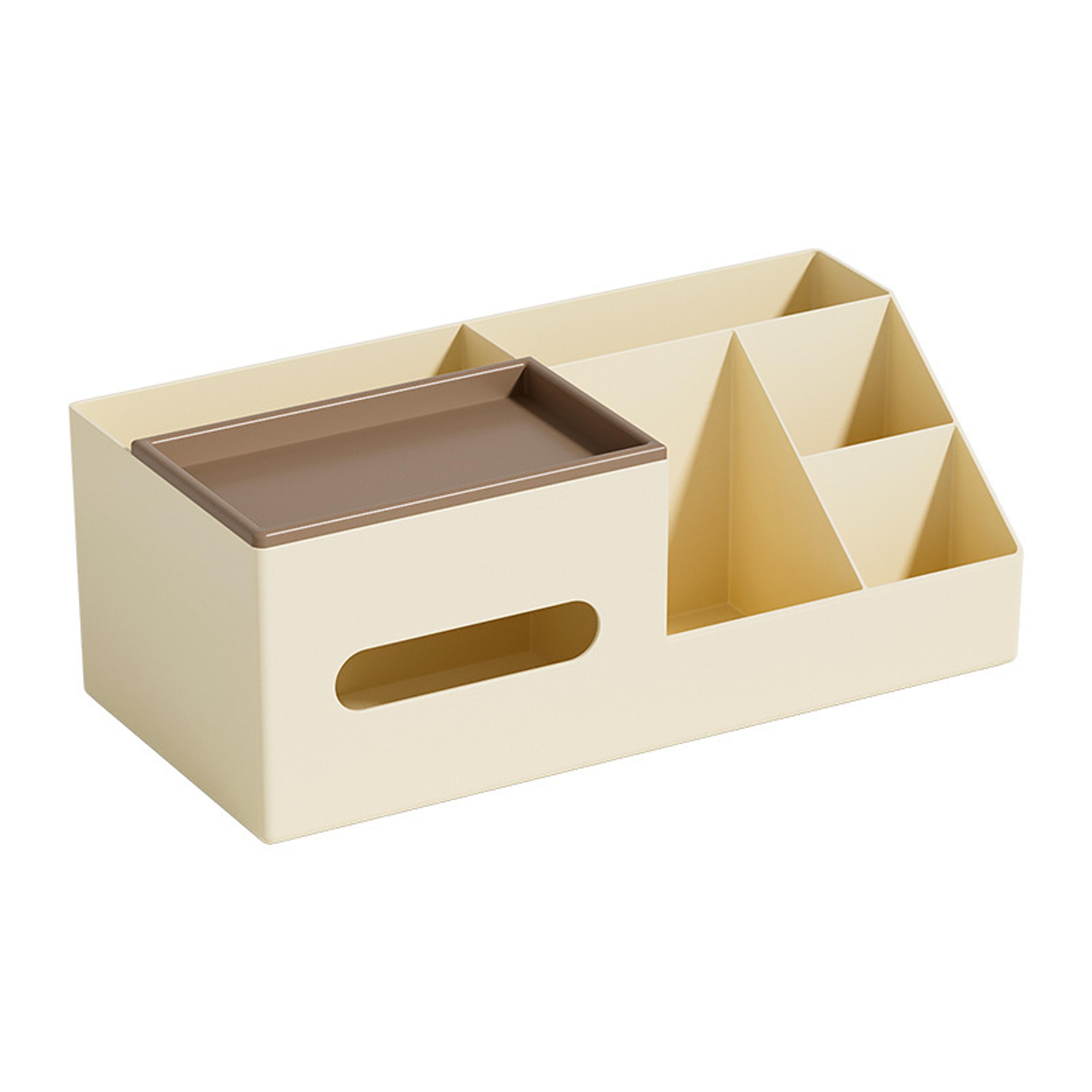 cream multi compartment tissue box desktop organizer and remote control storage caddy