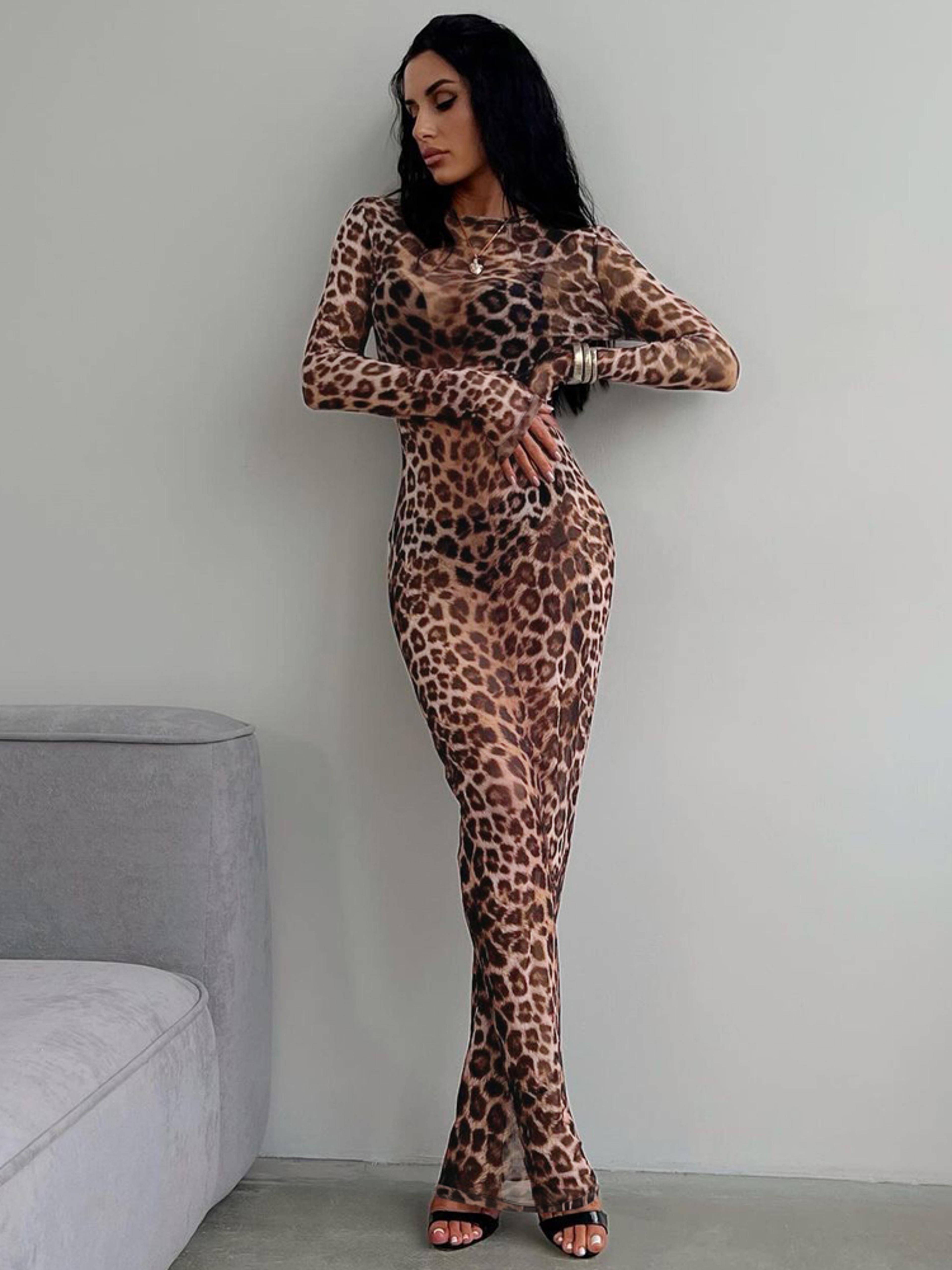 leopard print maxi dress long sleeve y2k party dress for women