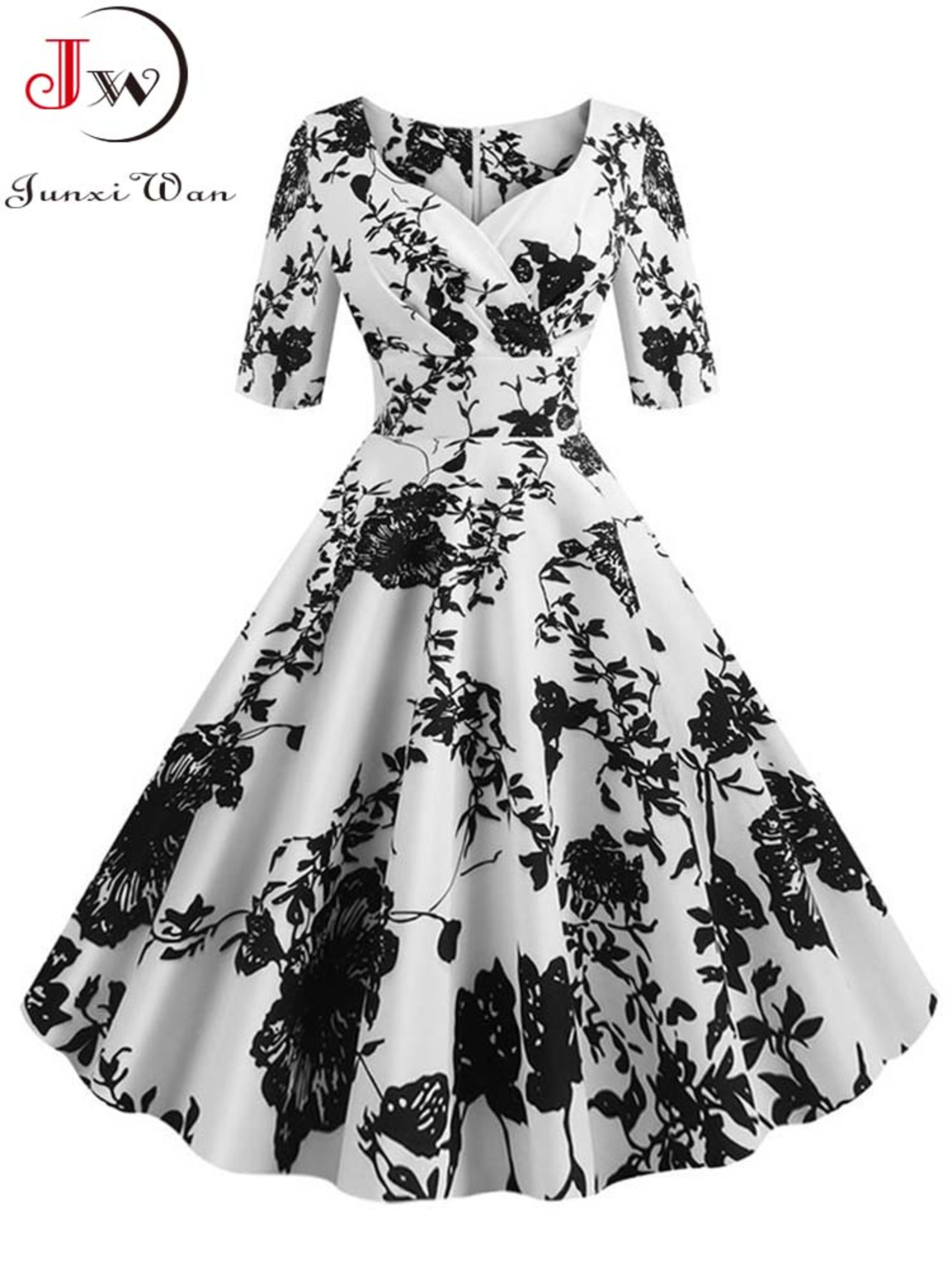 vintage floral a-line summer dress for women half sleeve retro party dress