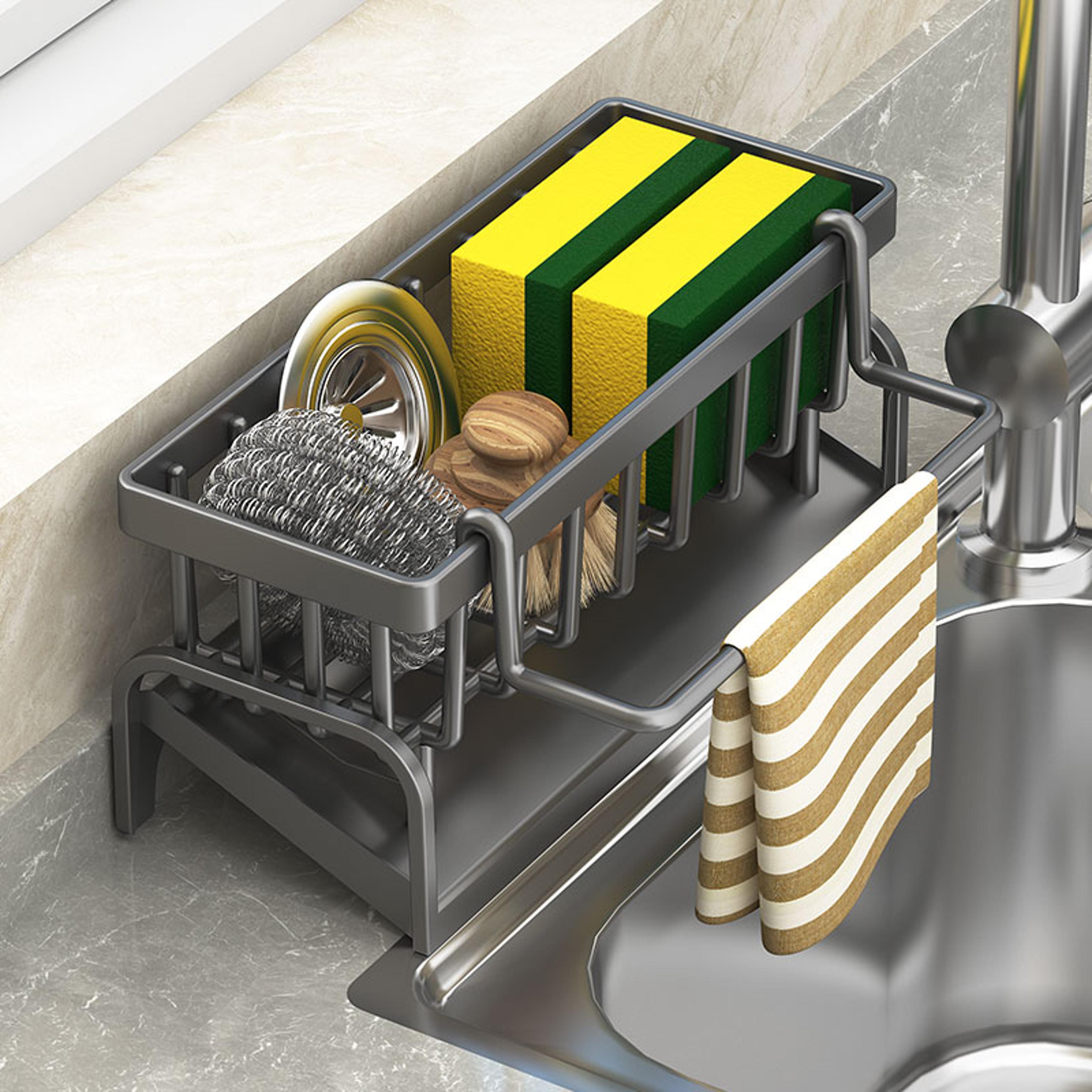 self draining kitchen sink organizer and sponge holder rack