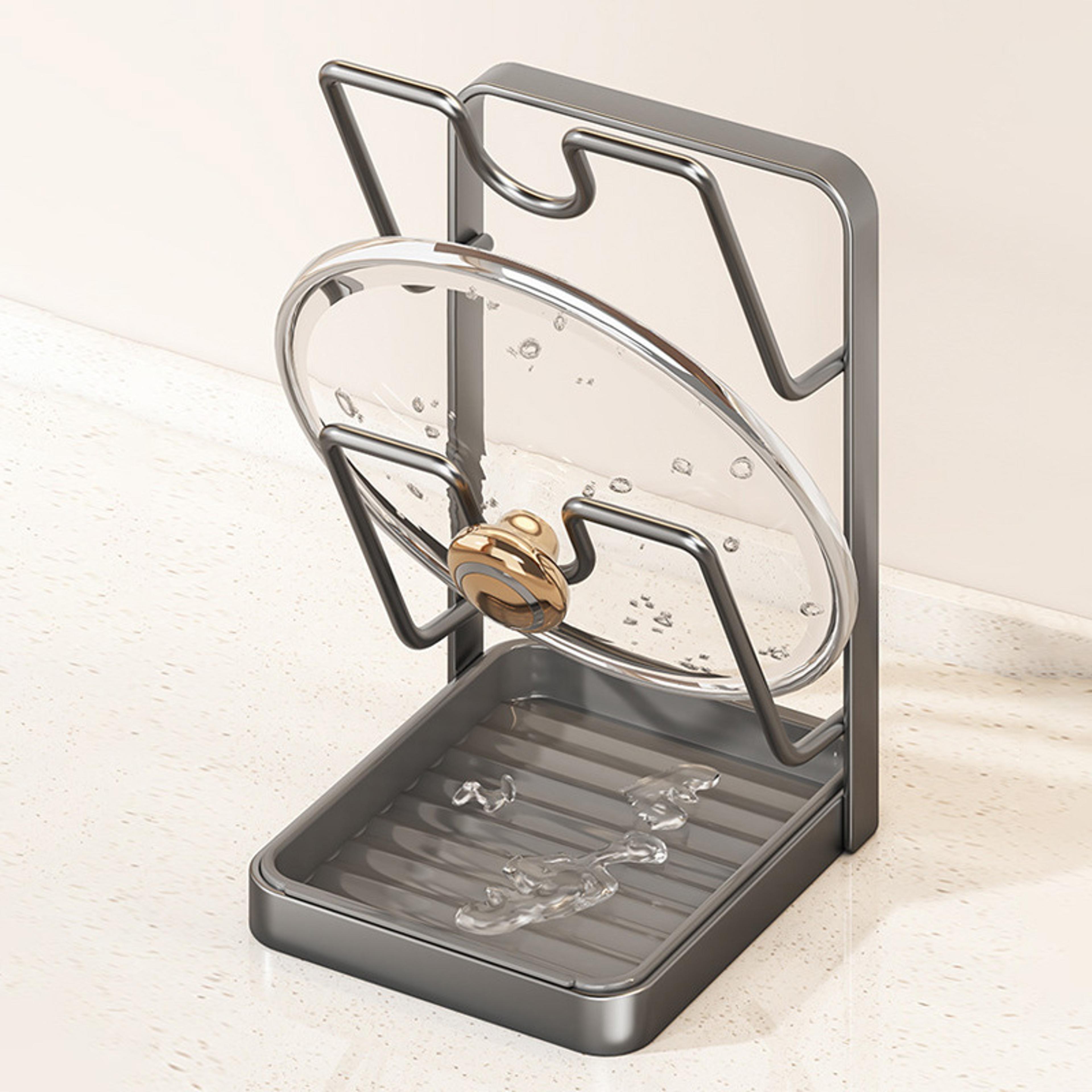 space saving pot lid organizer rack with drainage tray