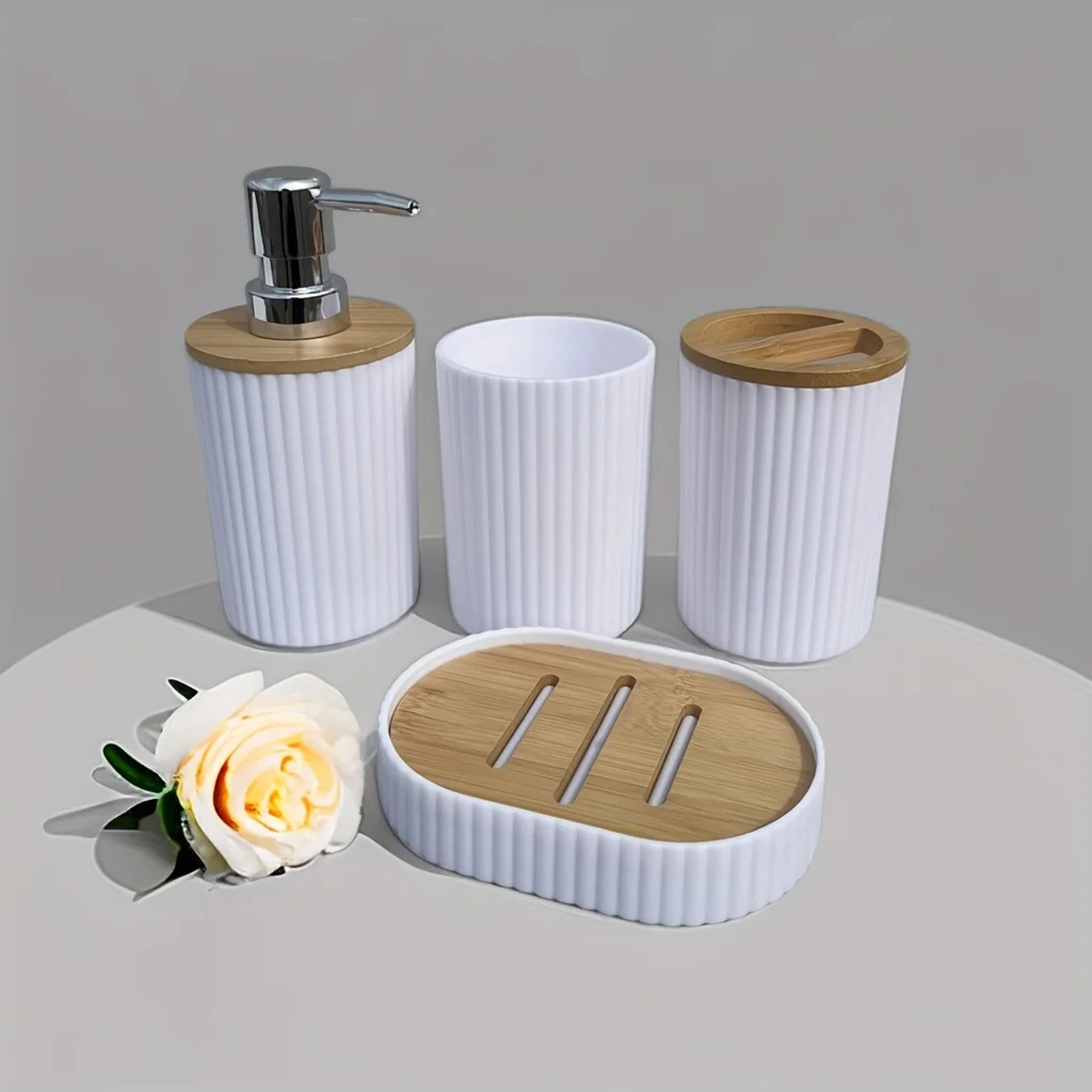 4 piece bathroom accessories set with soap dispenser toothbrush holder and bamboo accents