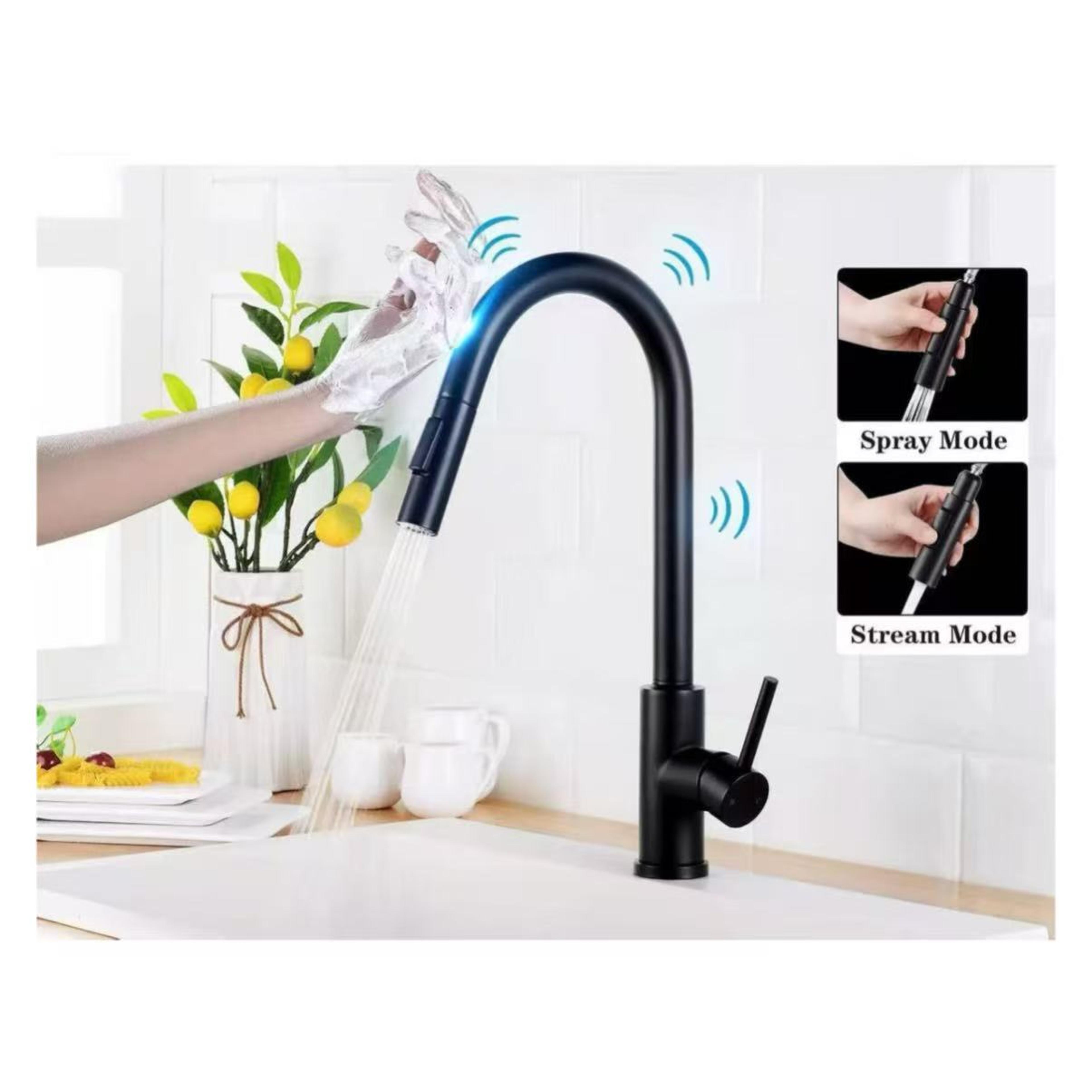 smart touchless kitchen faucet with pull out sprayer and stainless steel finish