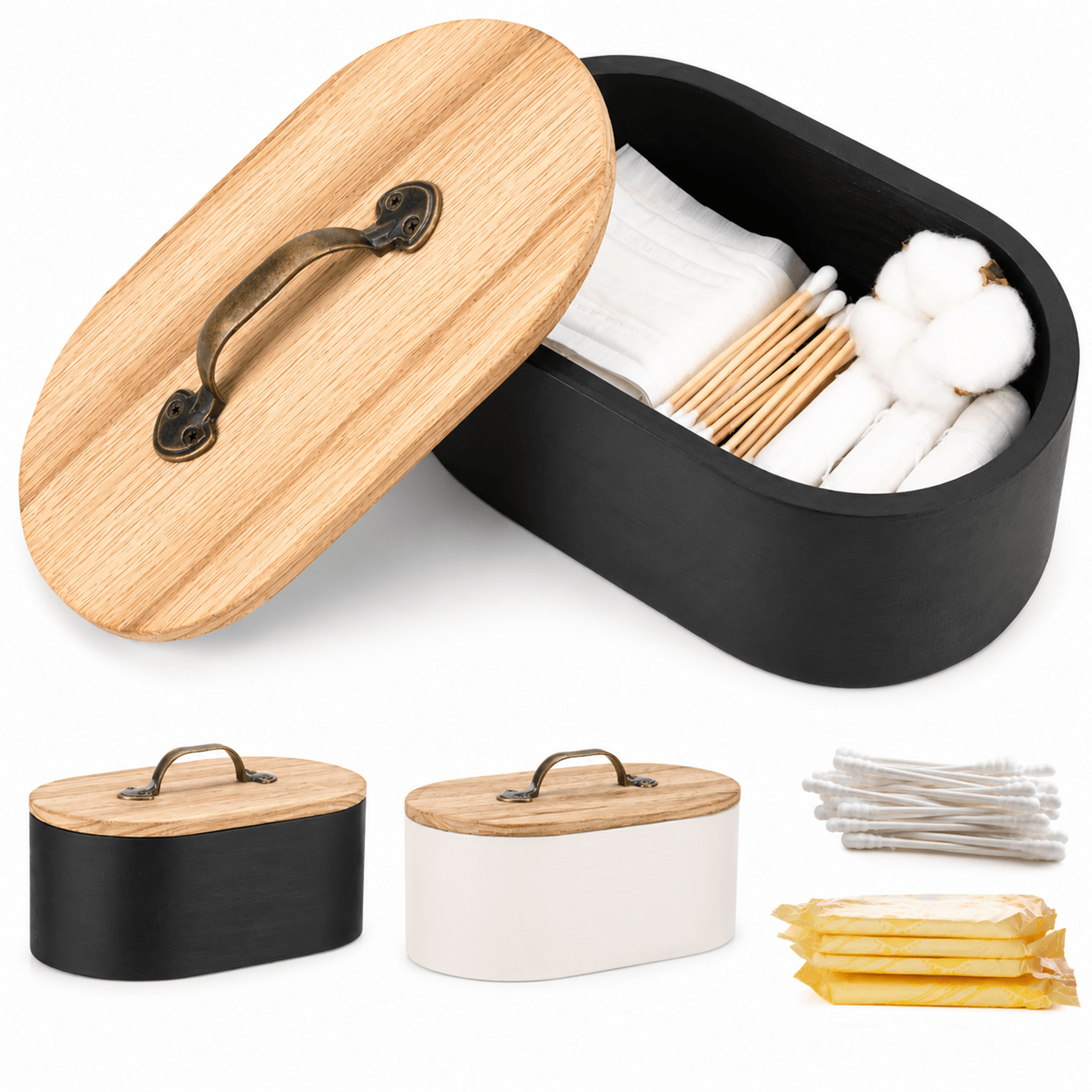oval wooden feminine product organizer with lid tampon storage box