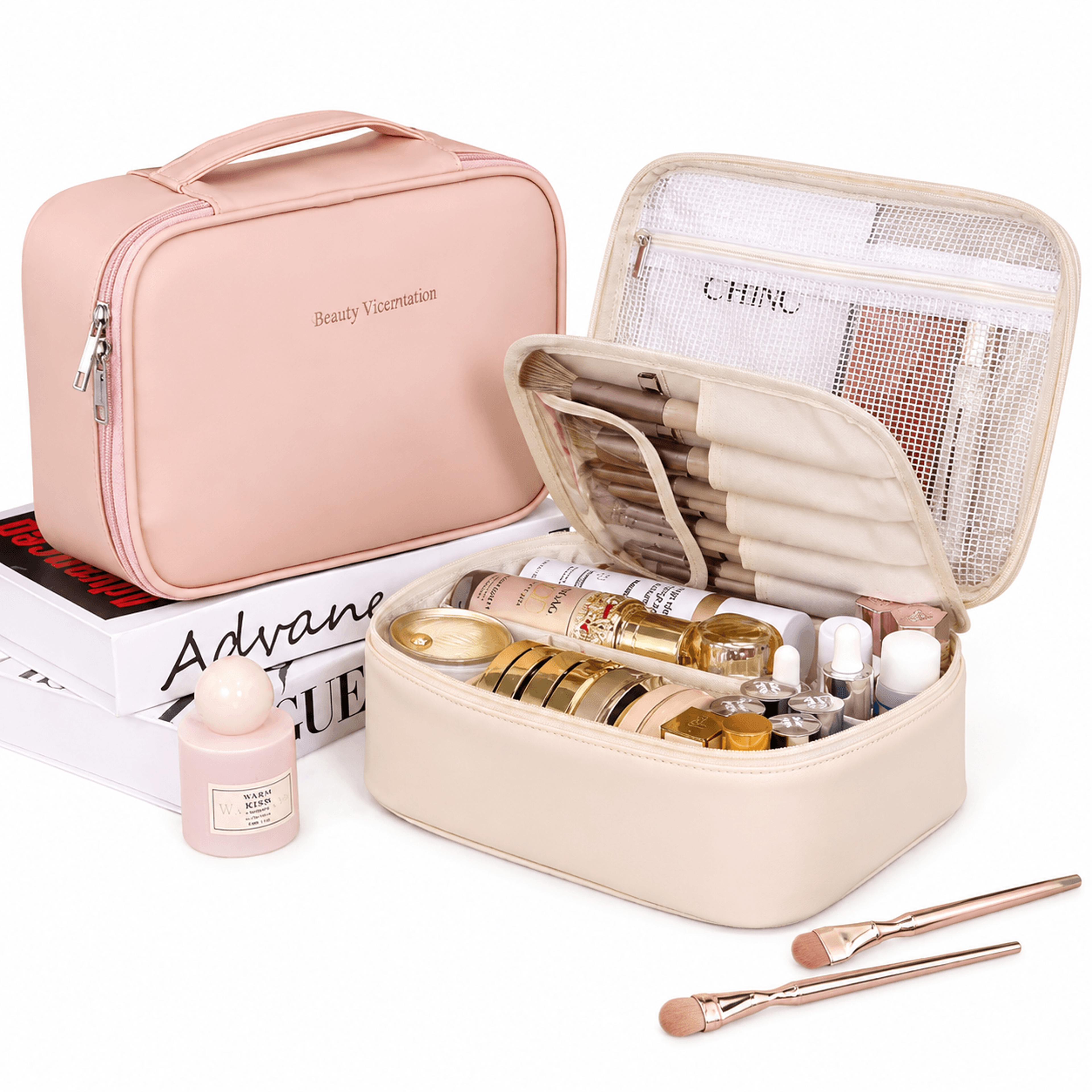 luxecarry large capacity travel makeup bag pu leather cosmetic organizer for women,