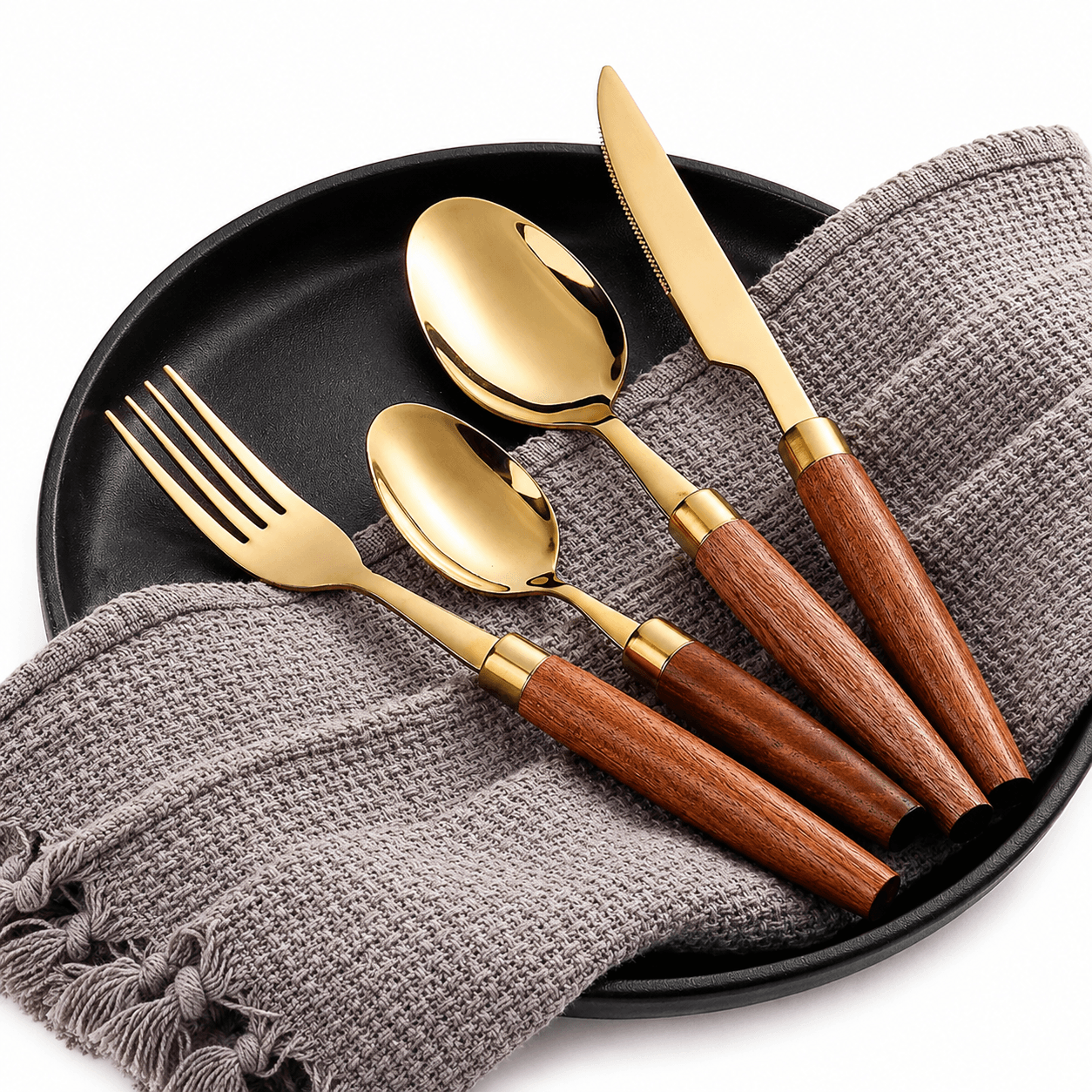 sapele wooden handle cutlery set with stainless steel flatware 4 piece dining set