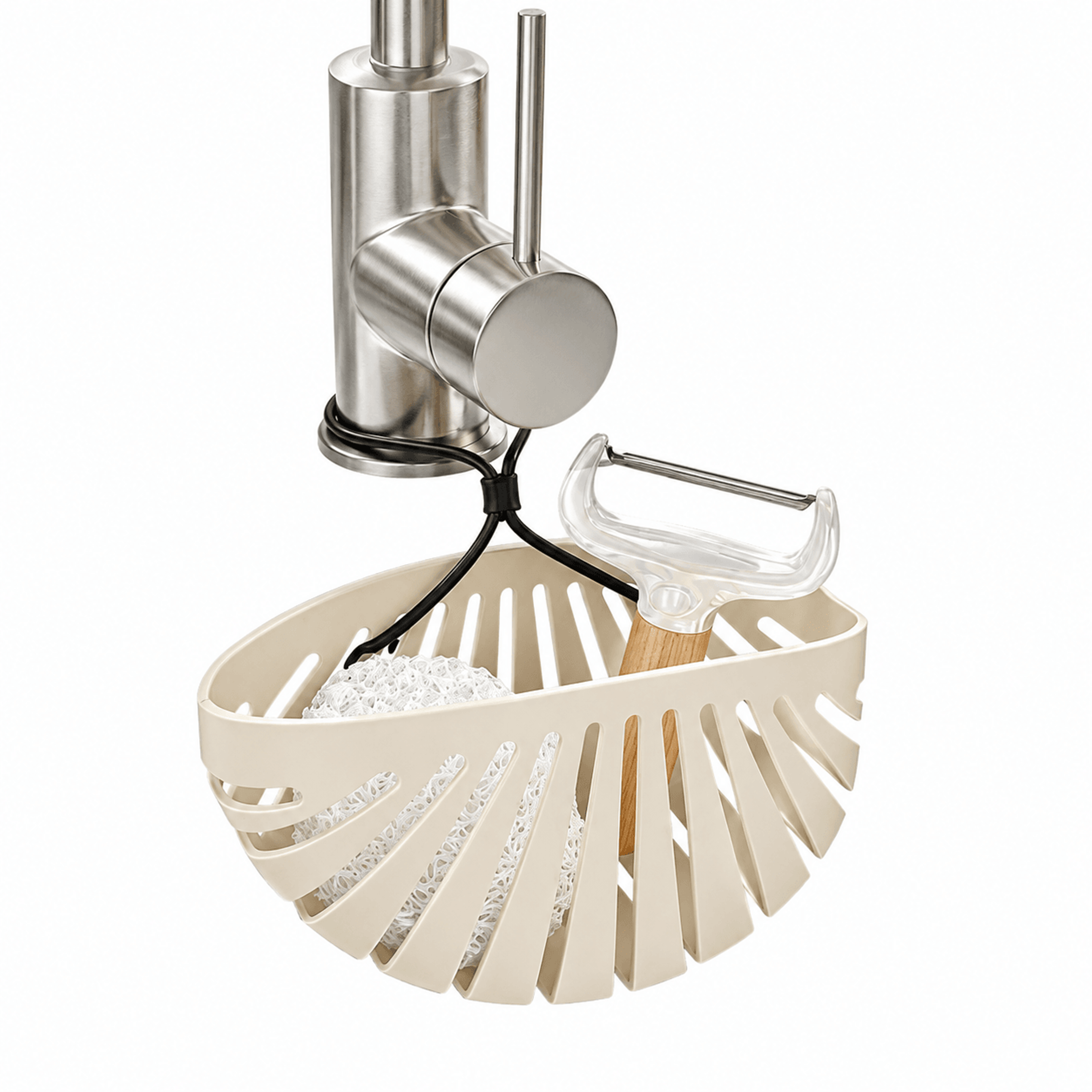 cream shell sink organizer with faucet drain rack and hanging storage basket