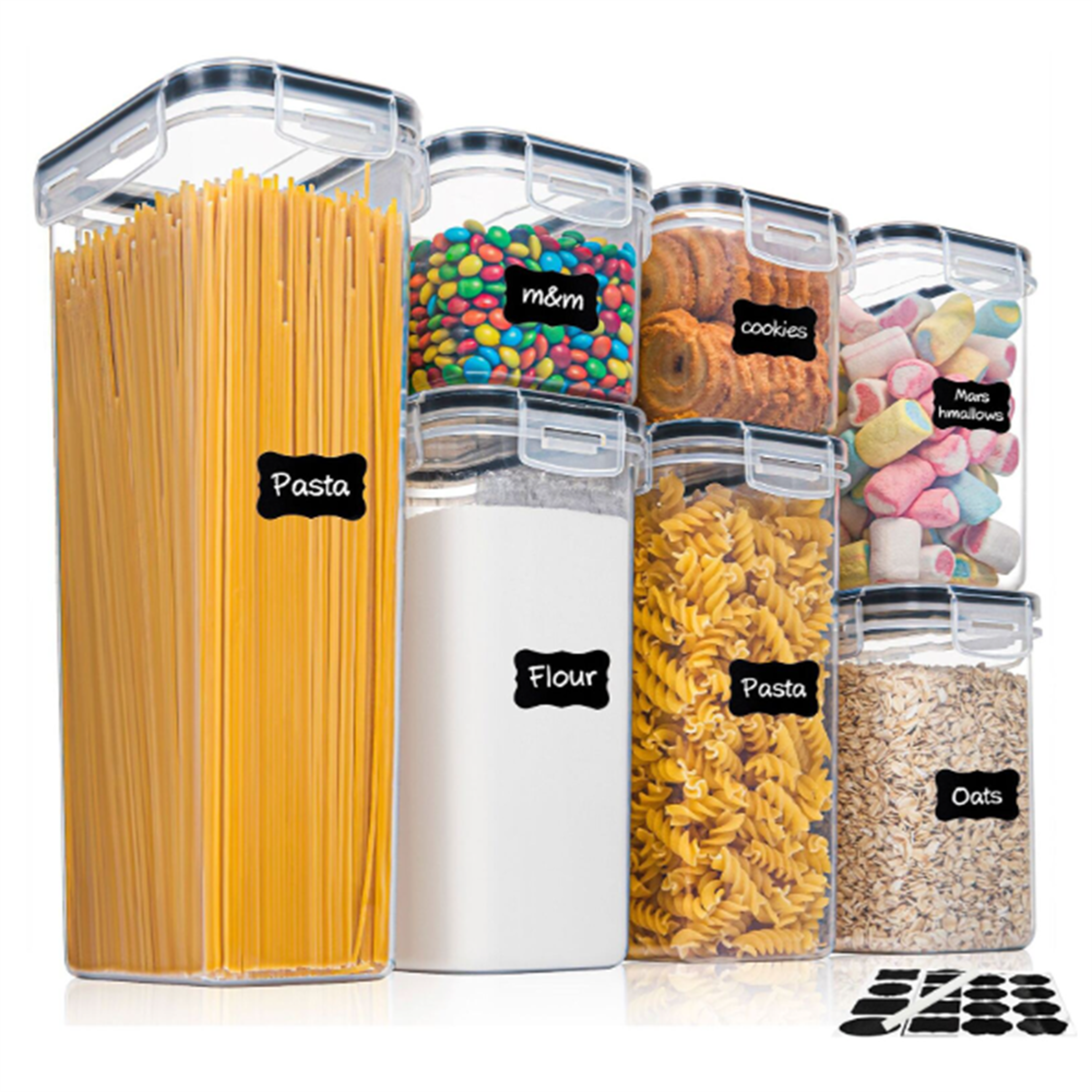 7 piece airtight food storage containers set with labels for pantry organization