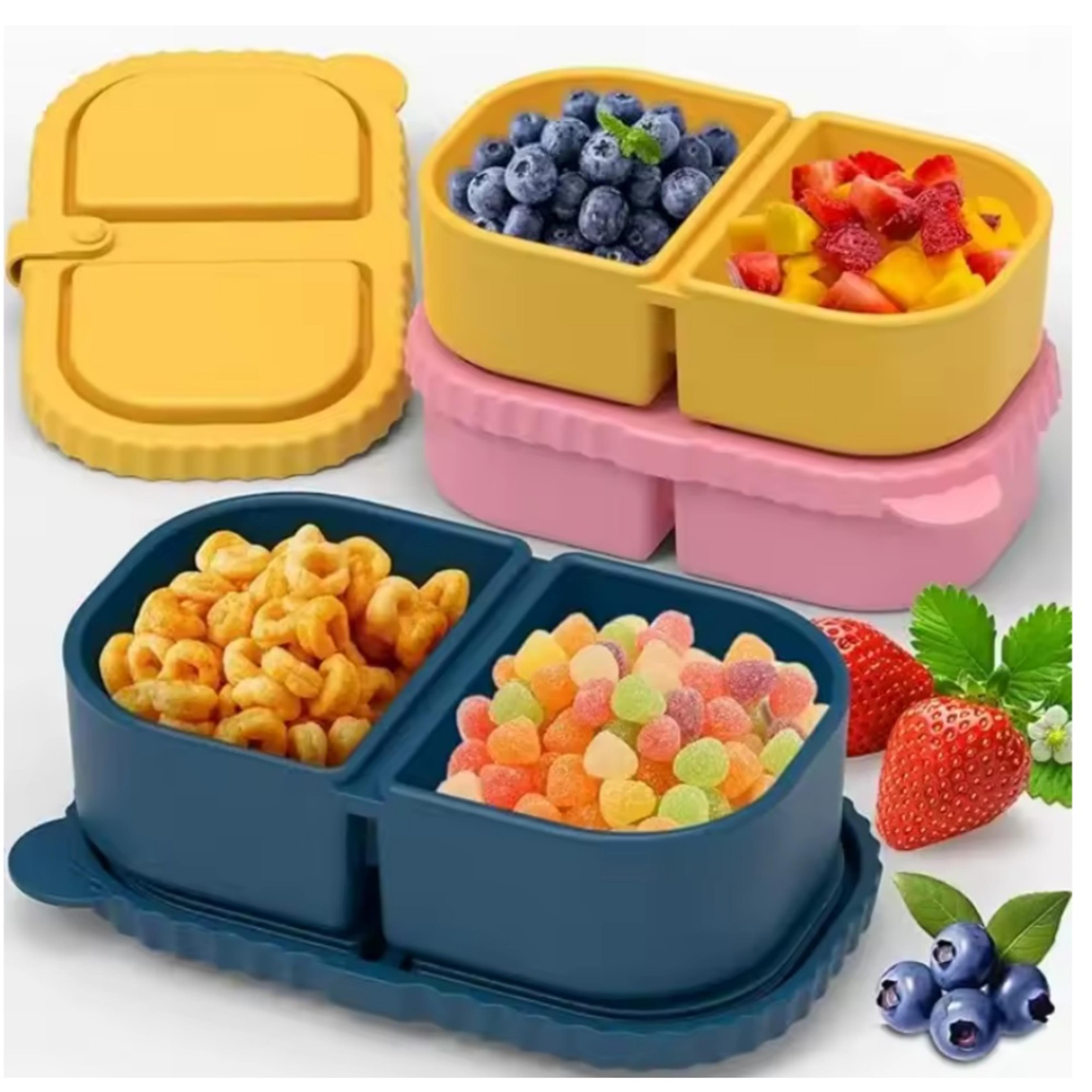 reusable silicone snack container with leakproof lid and double compartments