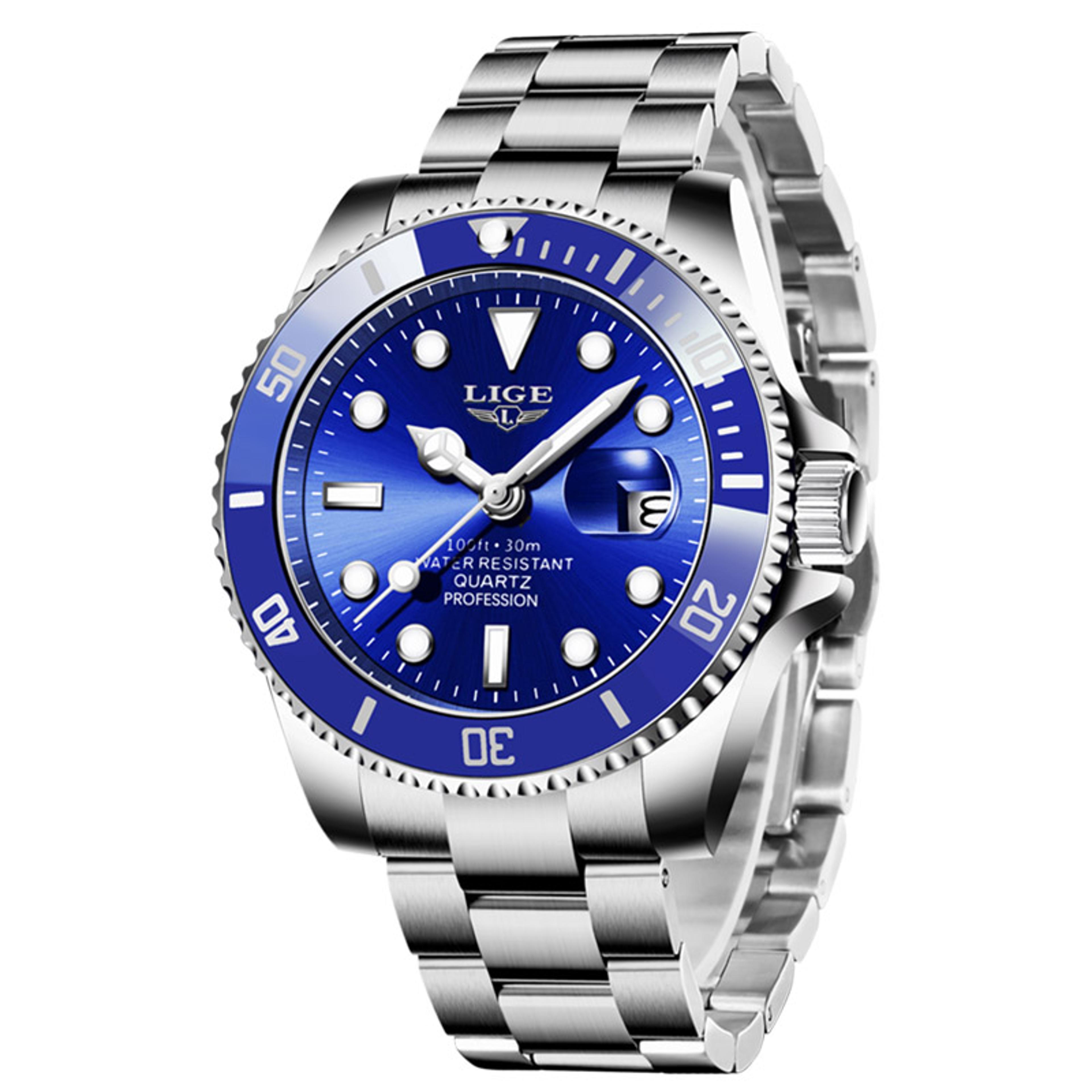 men's stainless steel quartz watch with luminous hands and auto date