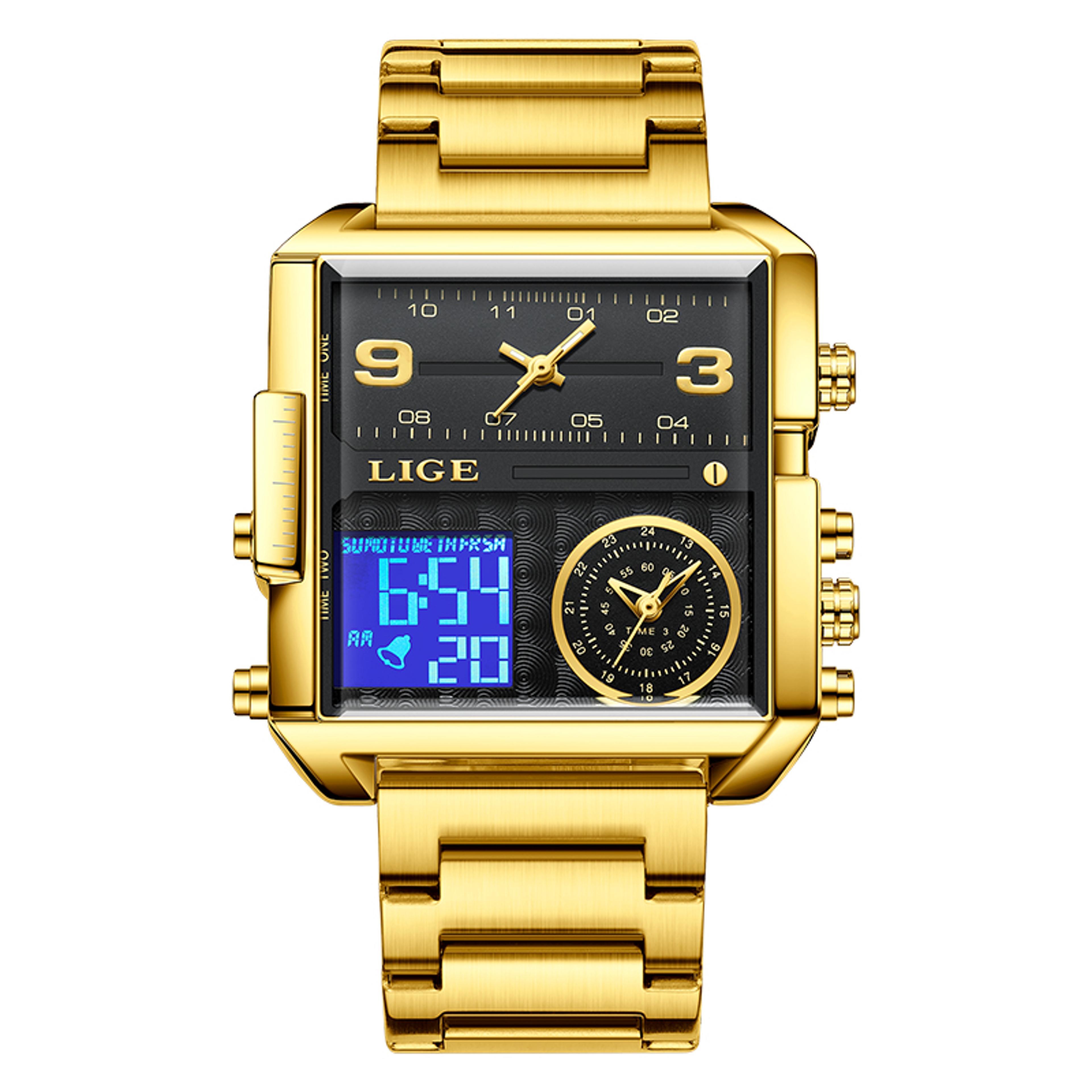 luxury dual display men's sports watch stainless steel waterproof quartz wristwatch