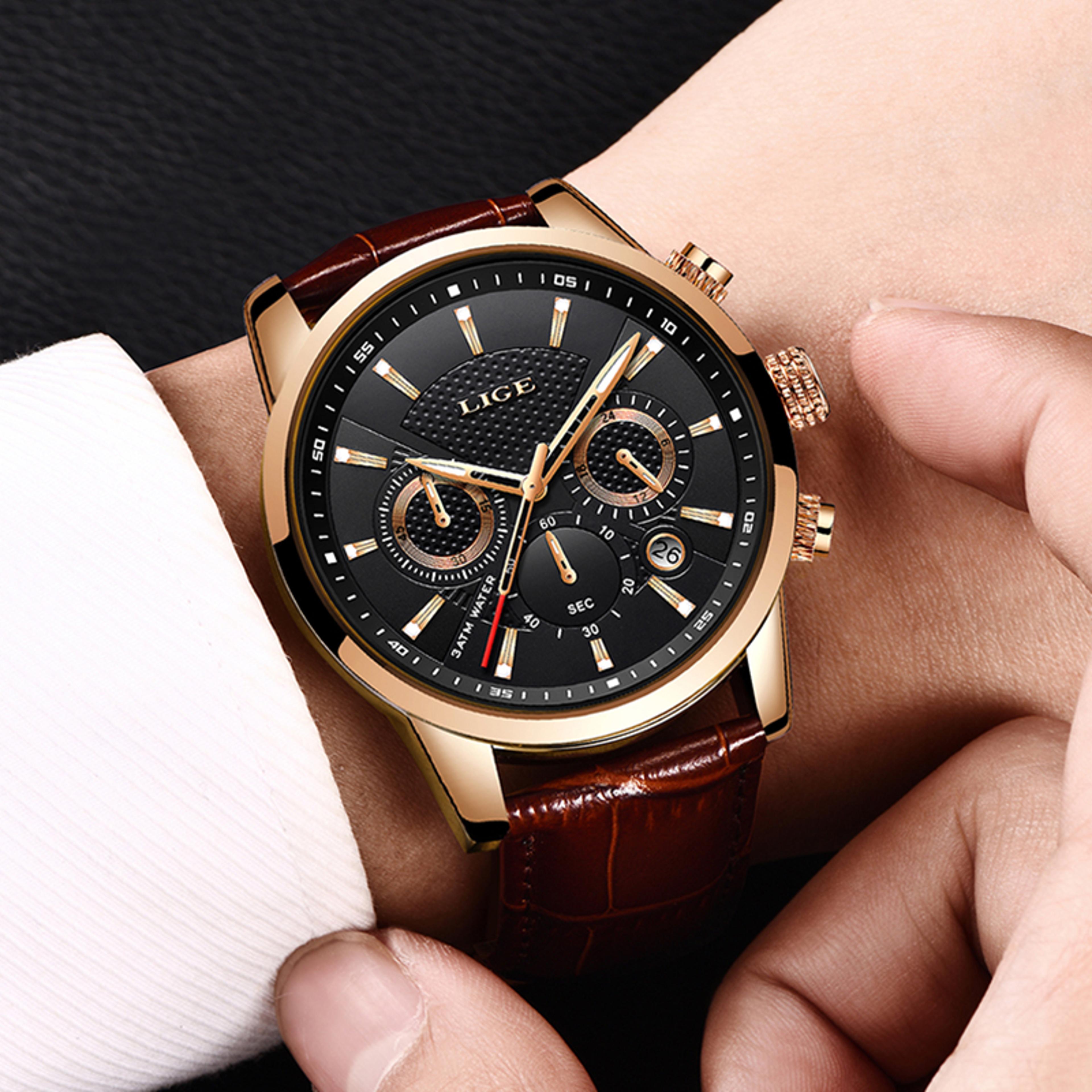 mens brown leather chronograph watch waterproof luminous quartz business wristwatch