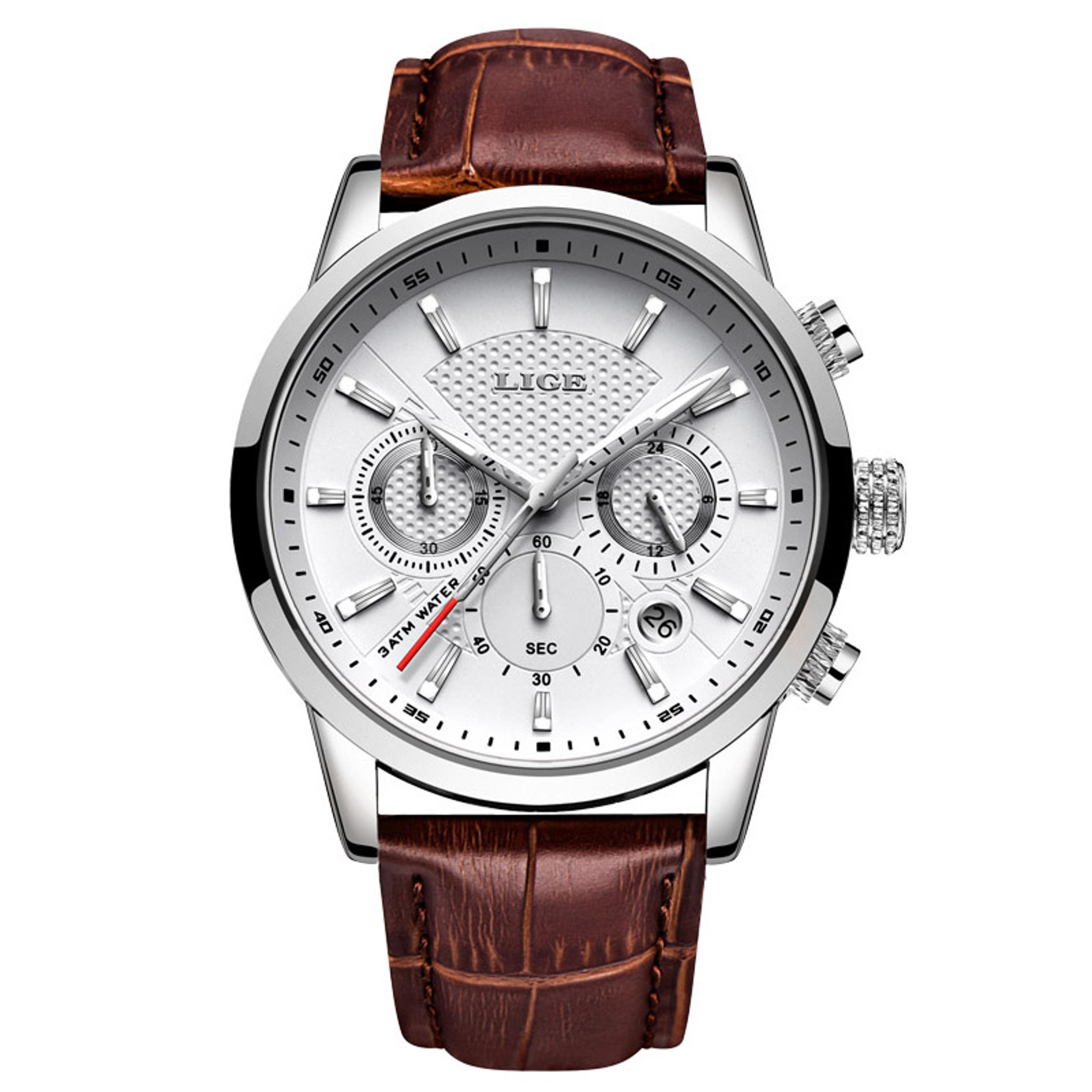 men's leather chronograph watch waterproof quartz business wrist watch