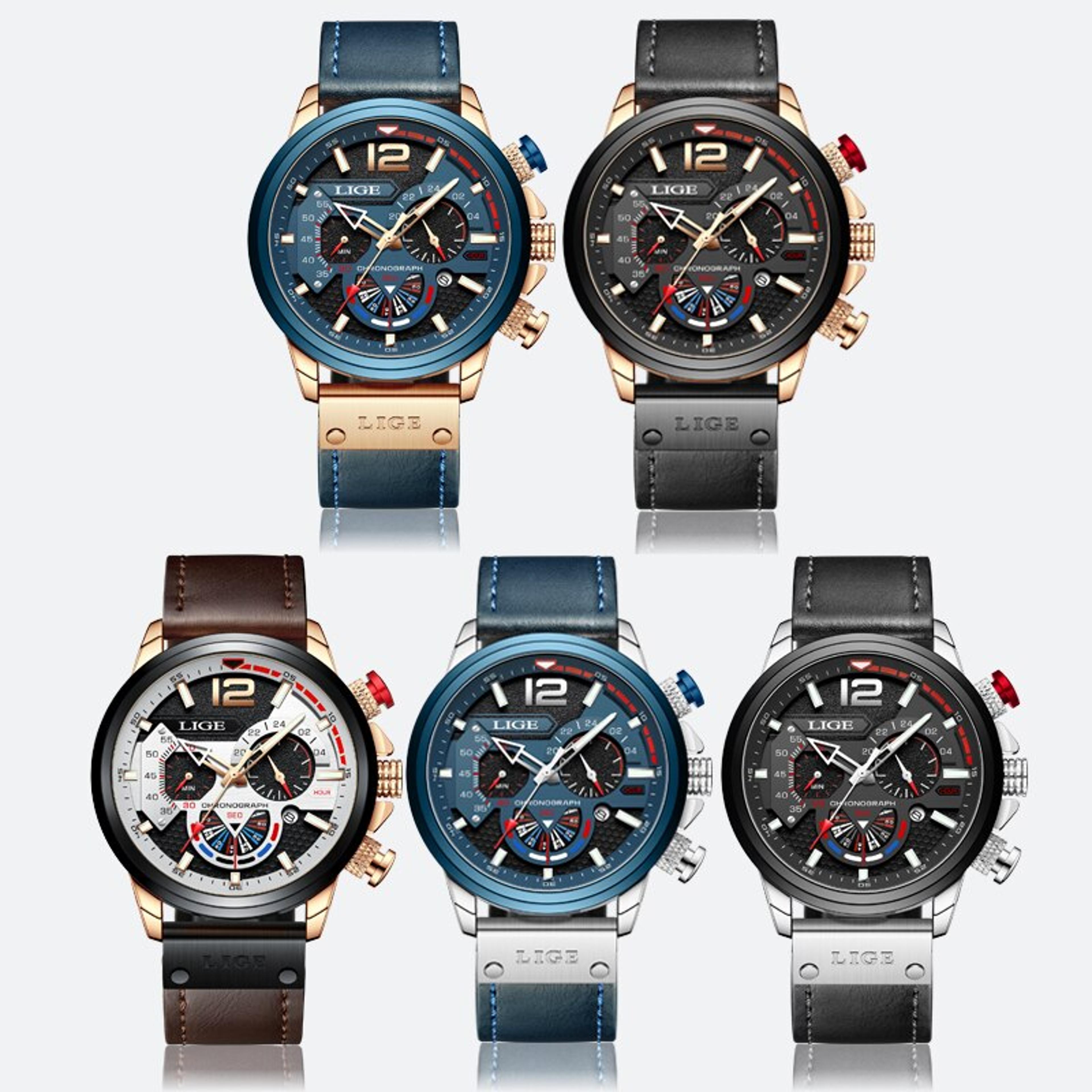 mens leather chronograph watch waterproof quartz sports watch with luminous hands