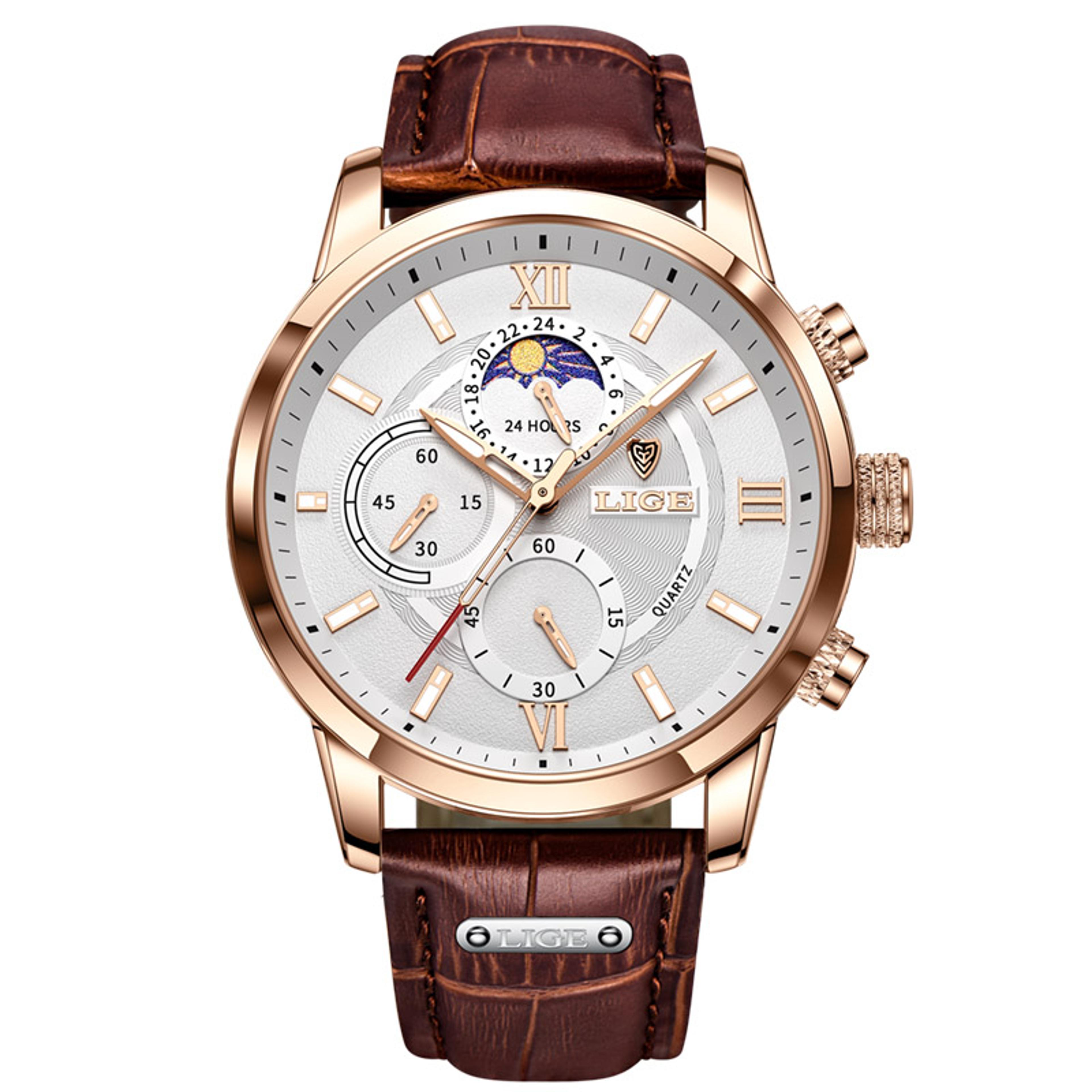 classic men's leather chronograph watch with quartz movement and 3atm water resistance