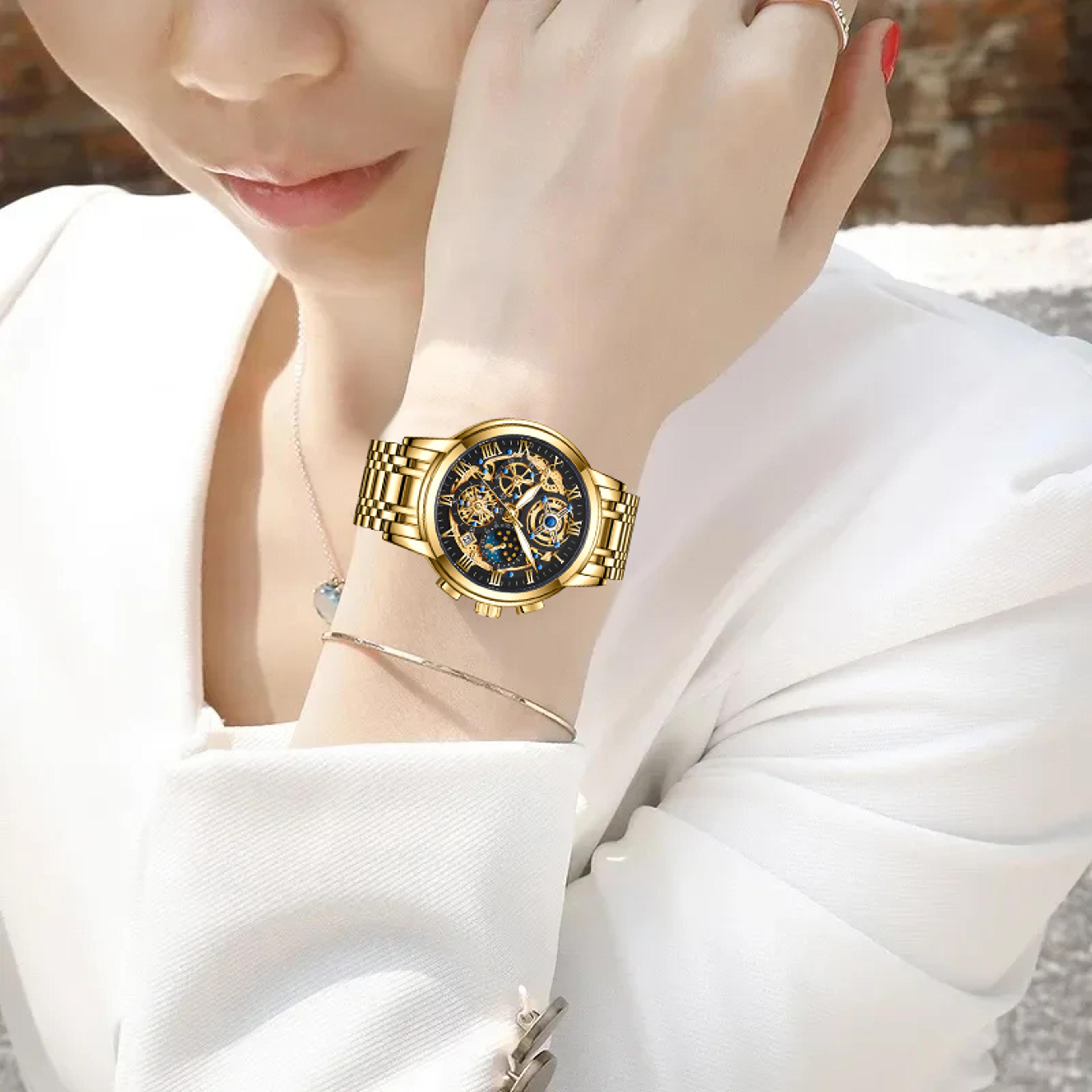 luxury gold womens quartz watch with chronograph and water resistance