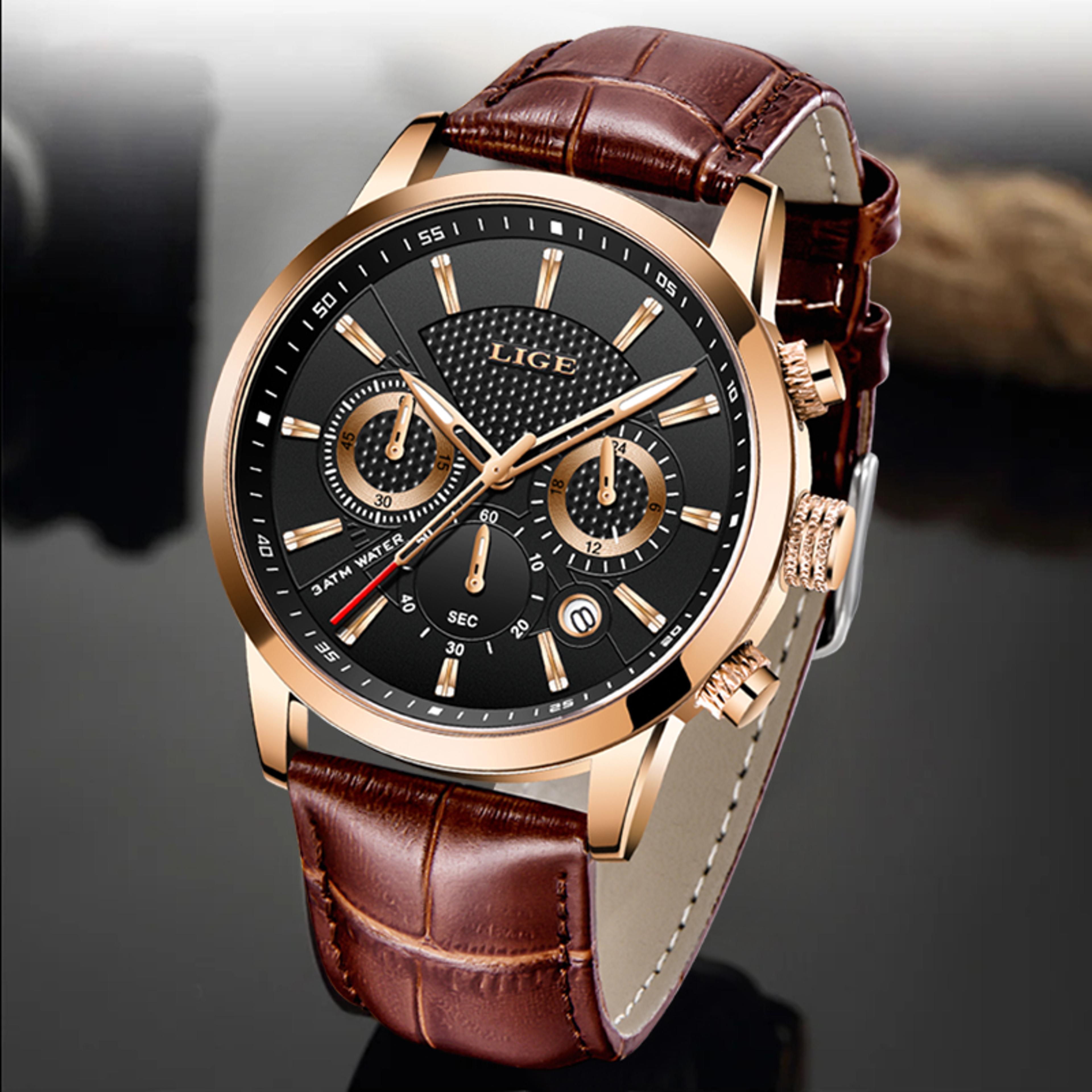 men's military chronograph watch with leather strap and quartz movement