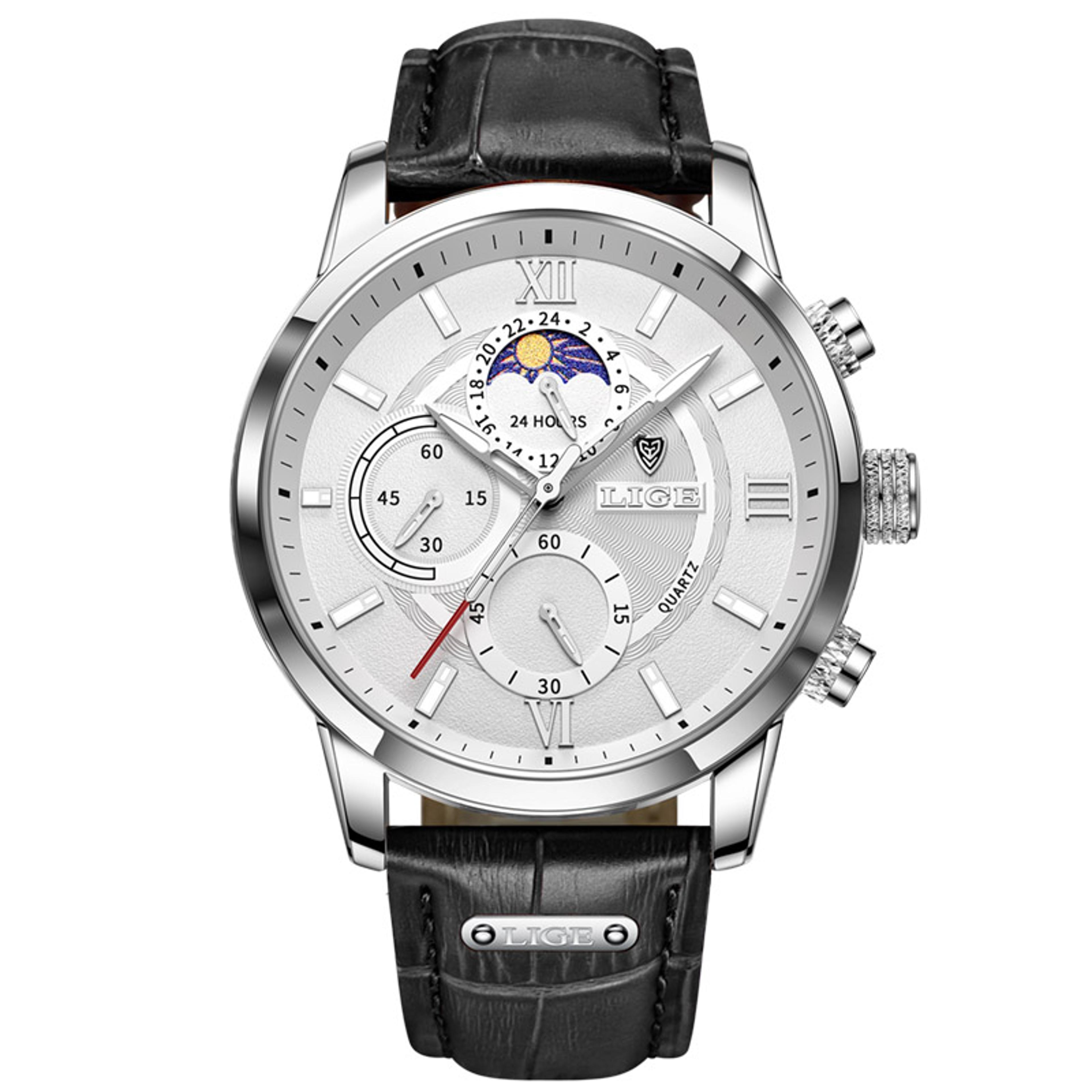 men's leather chronograph watch with quartz movement and 3atm water resistance