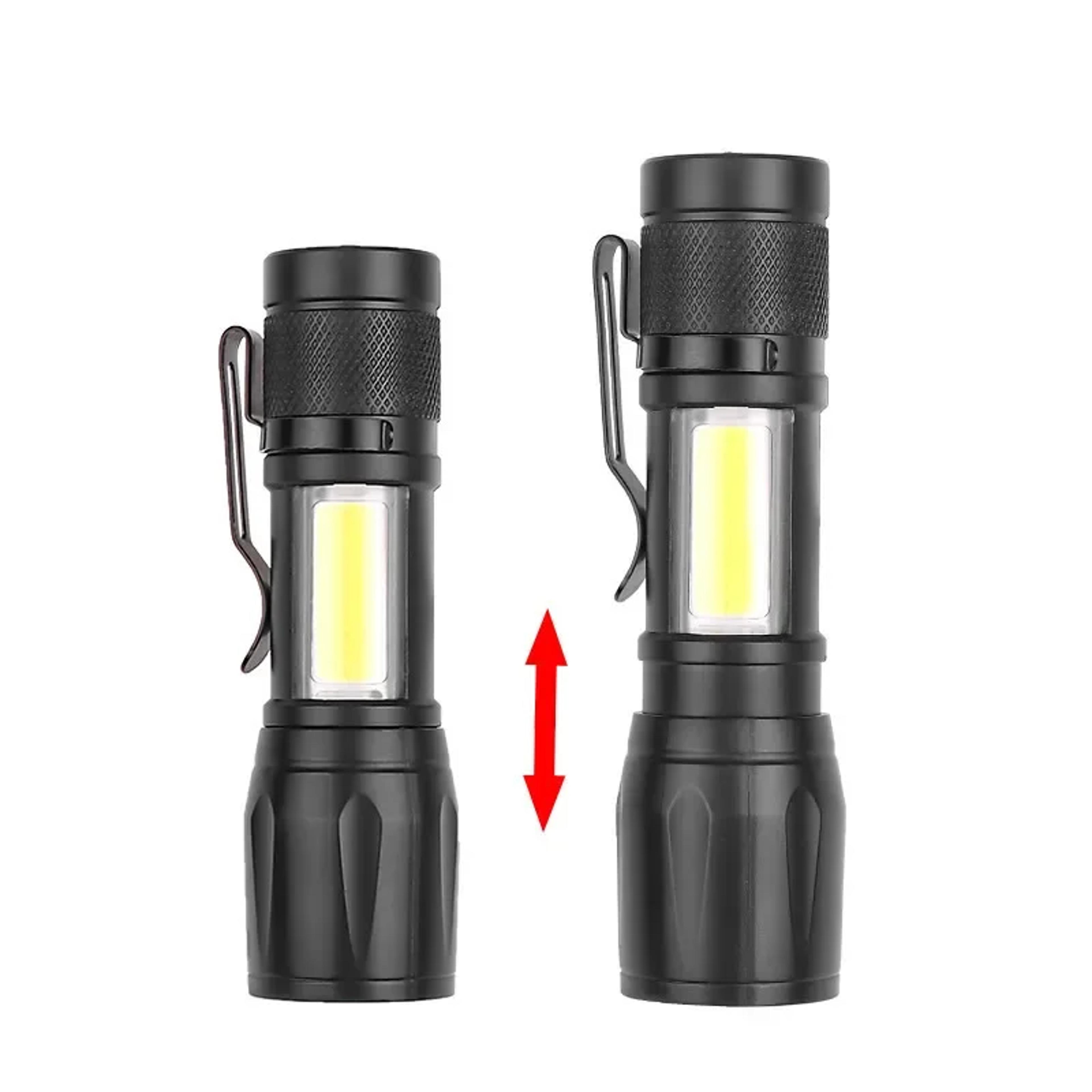 mini rechargeable led flashlight with cob xpe light zoomable focus and pen clip