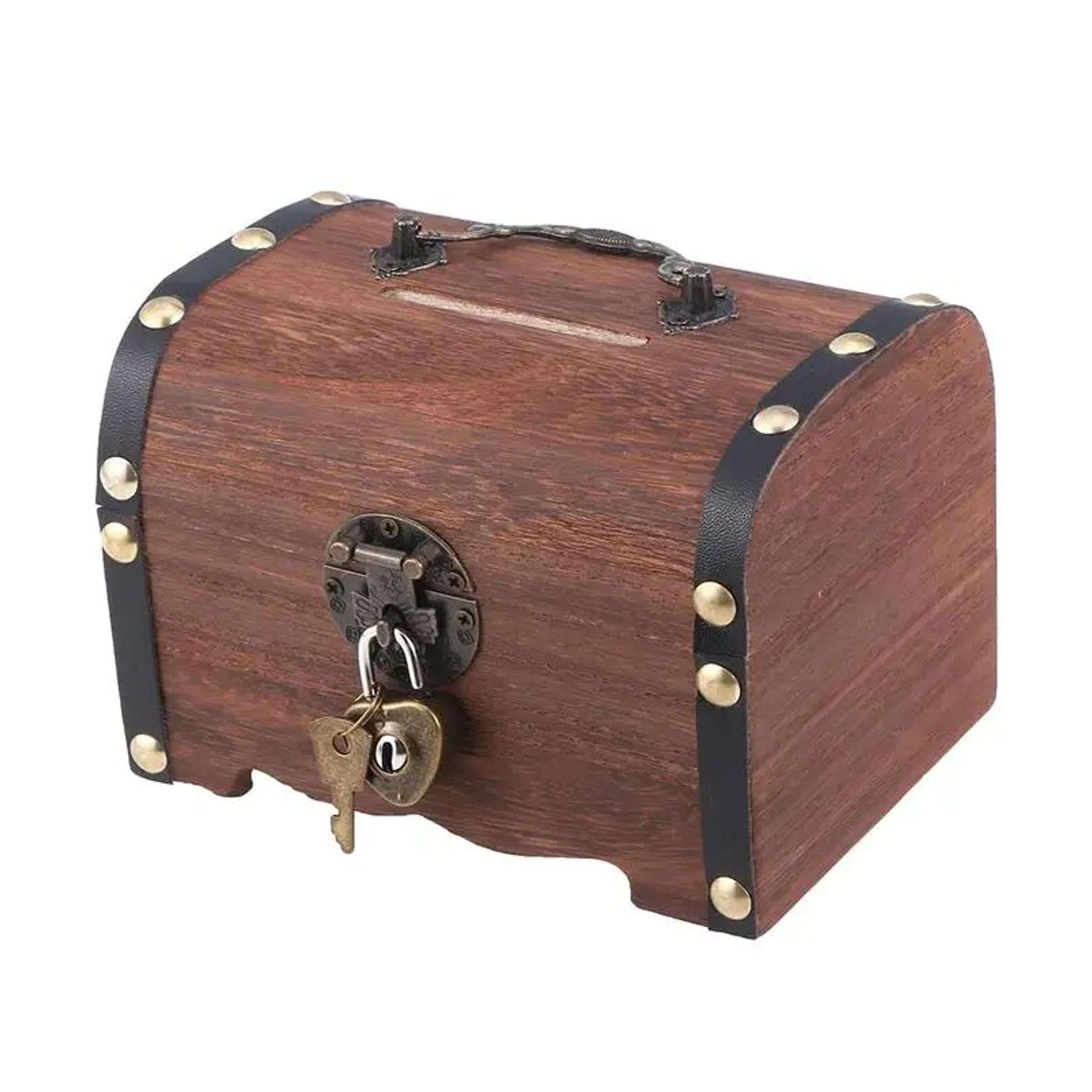 vintage wooden treasure chest piggy bank with lock for savings and retro decor