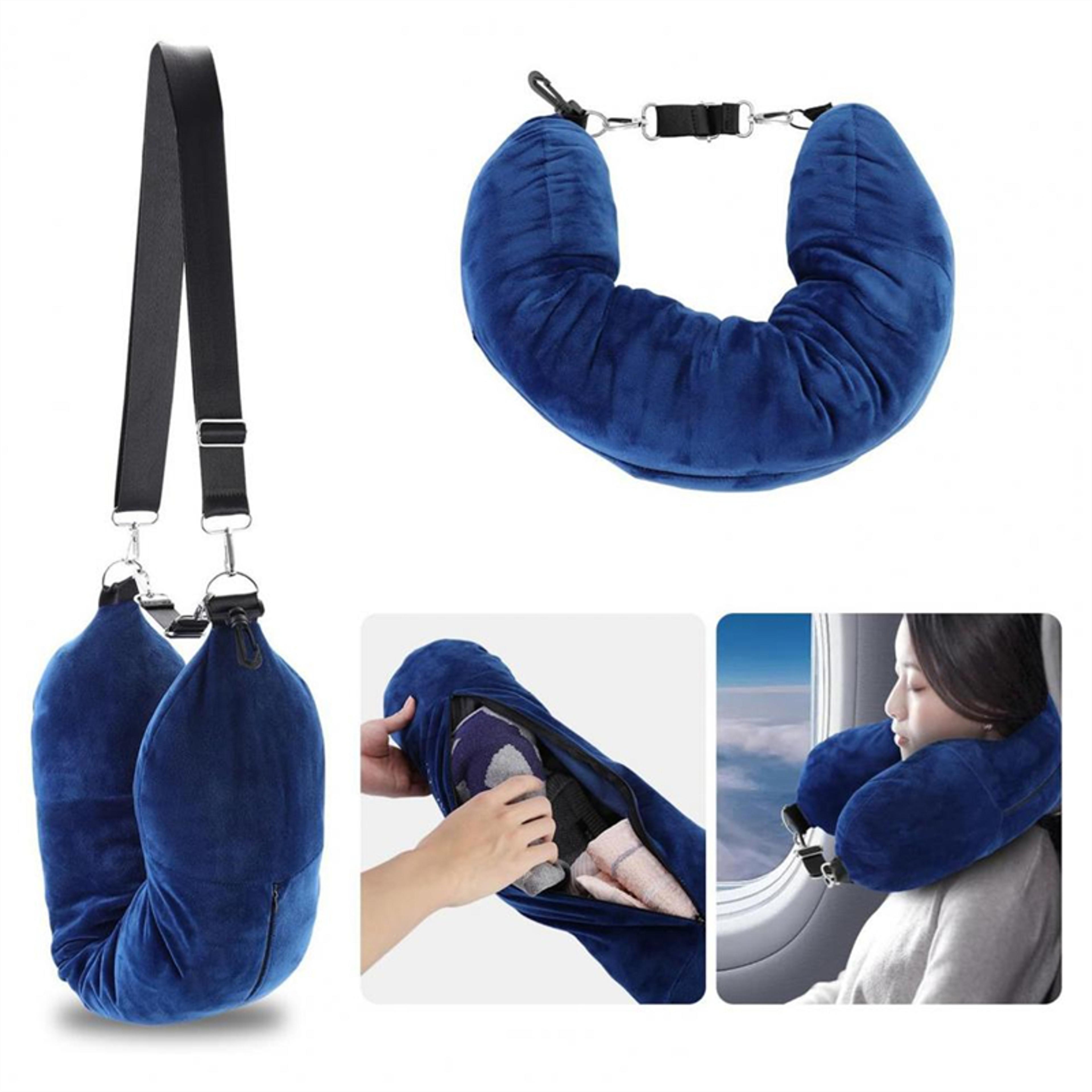 space-saving stuffable travel neck pillow with adjustable strap and soft flannel cover