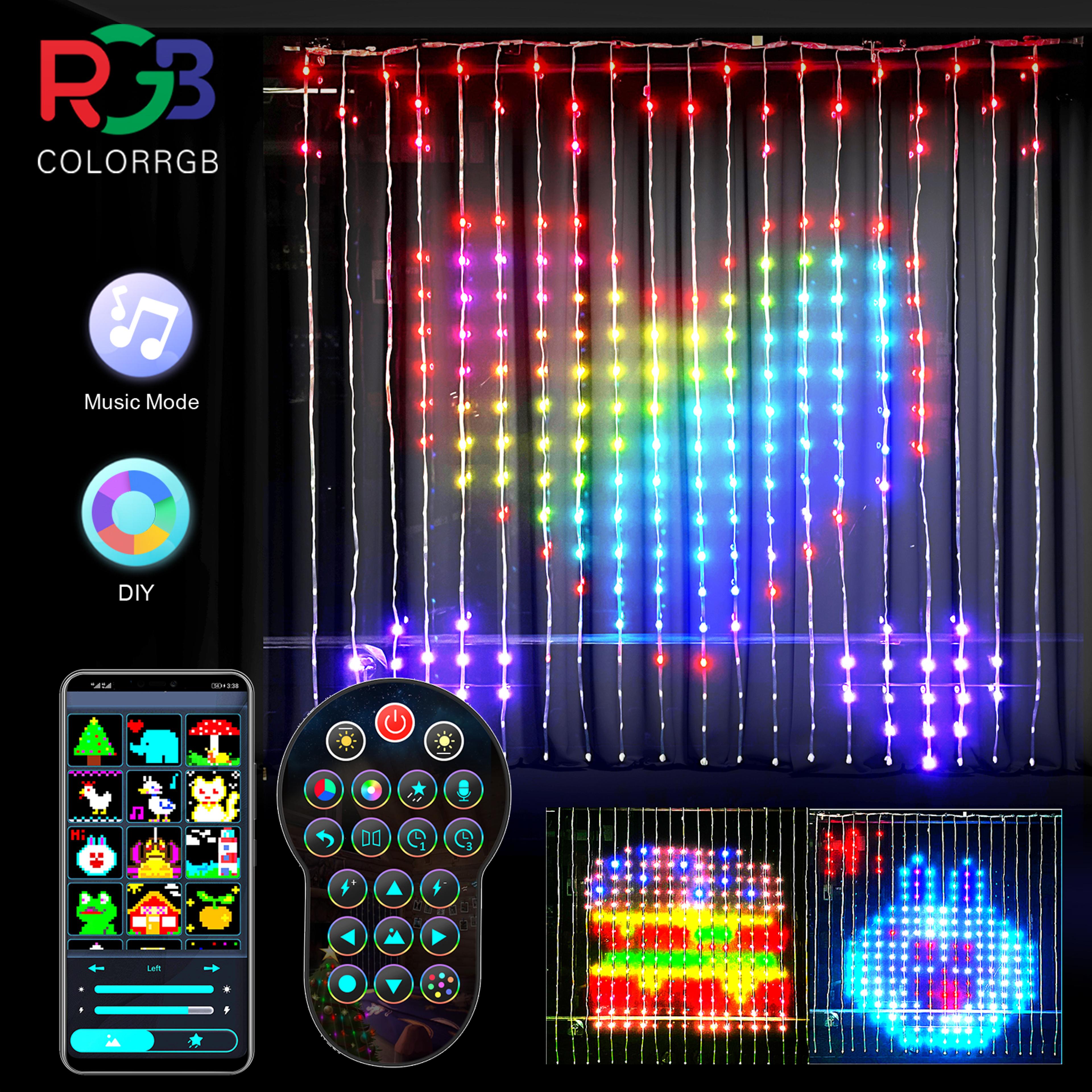 smart rgb led curtain lights with app control, music sync and diy display