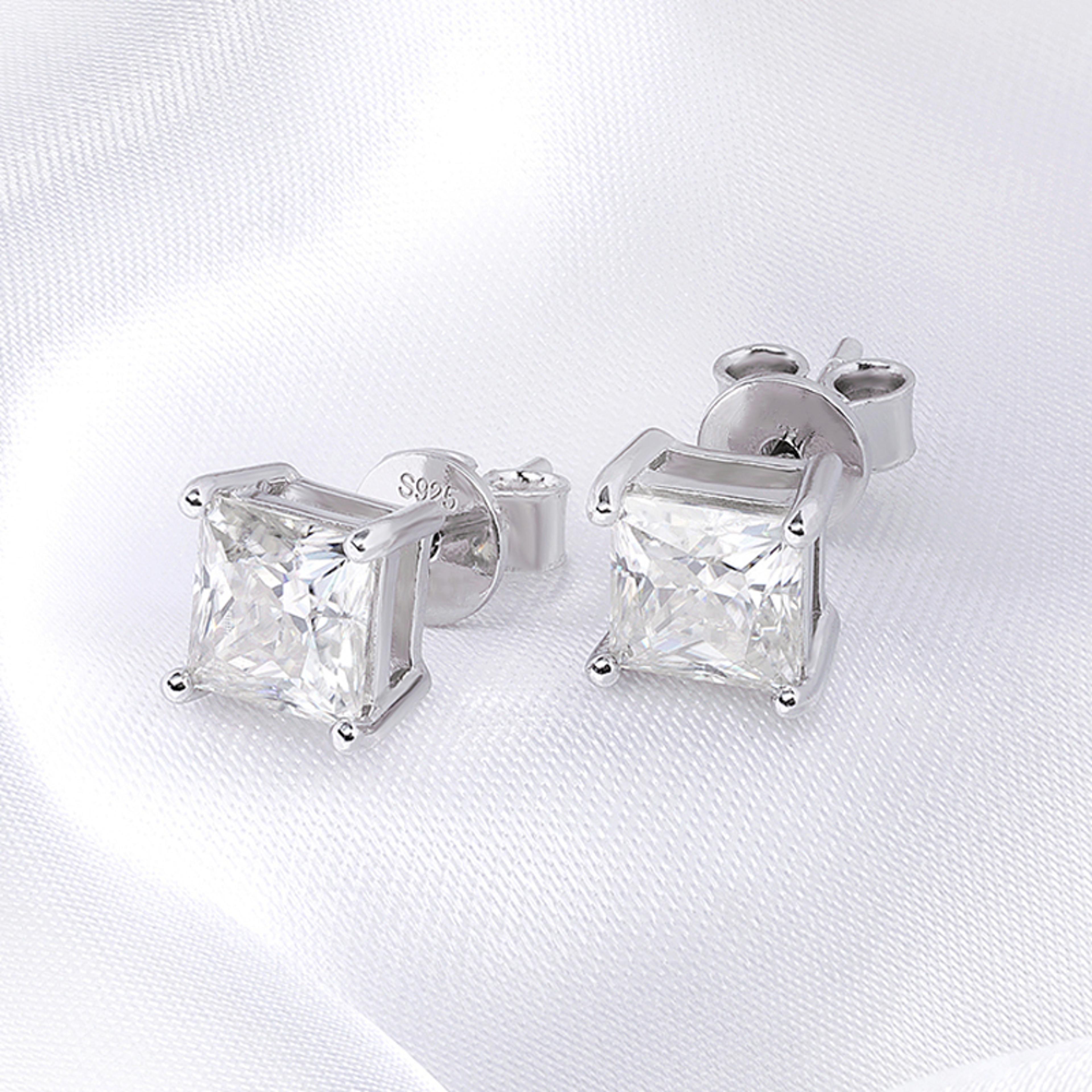princess cut moissanite stud earrings in 925 sterling silver for women and men