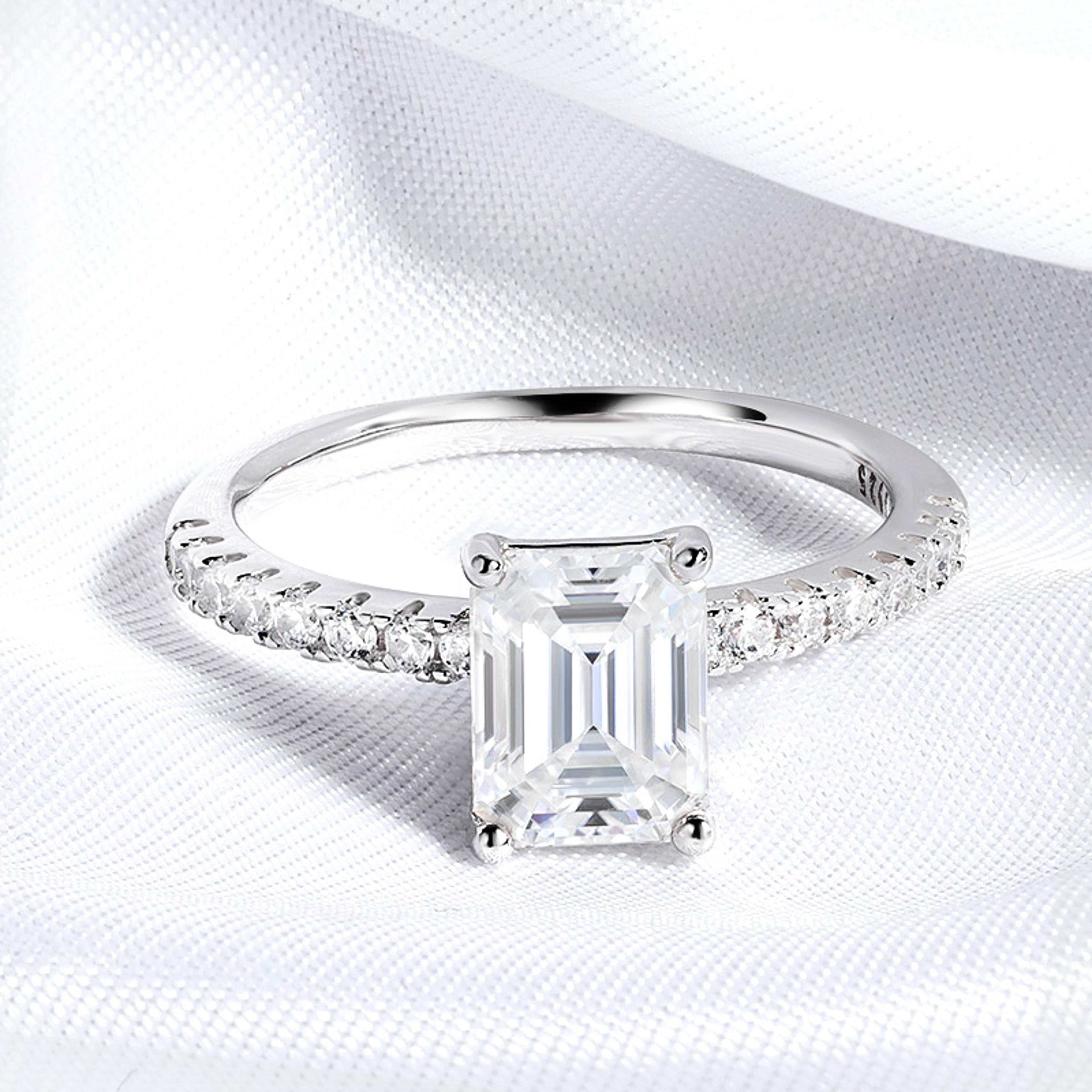 radiant emerald cut moissanite engagement ring in 925 sterling silver