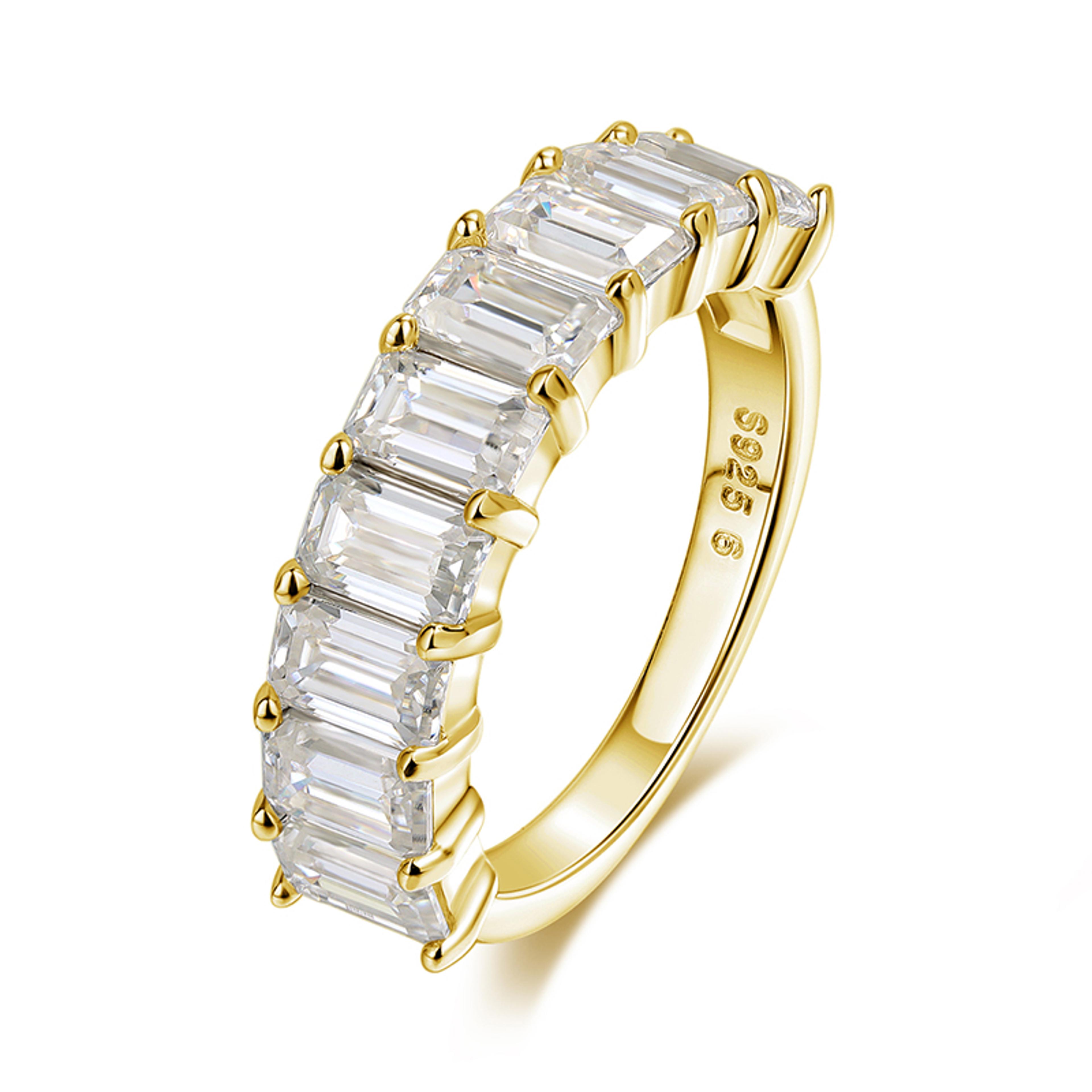 emerald cut moissanite half eternity ring in 925 sterling silver