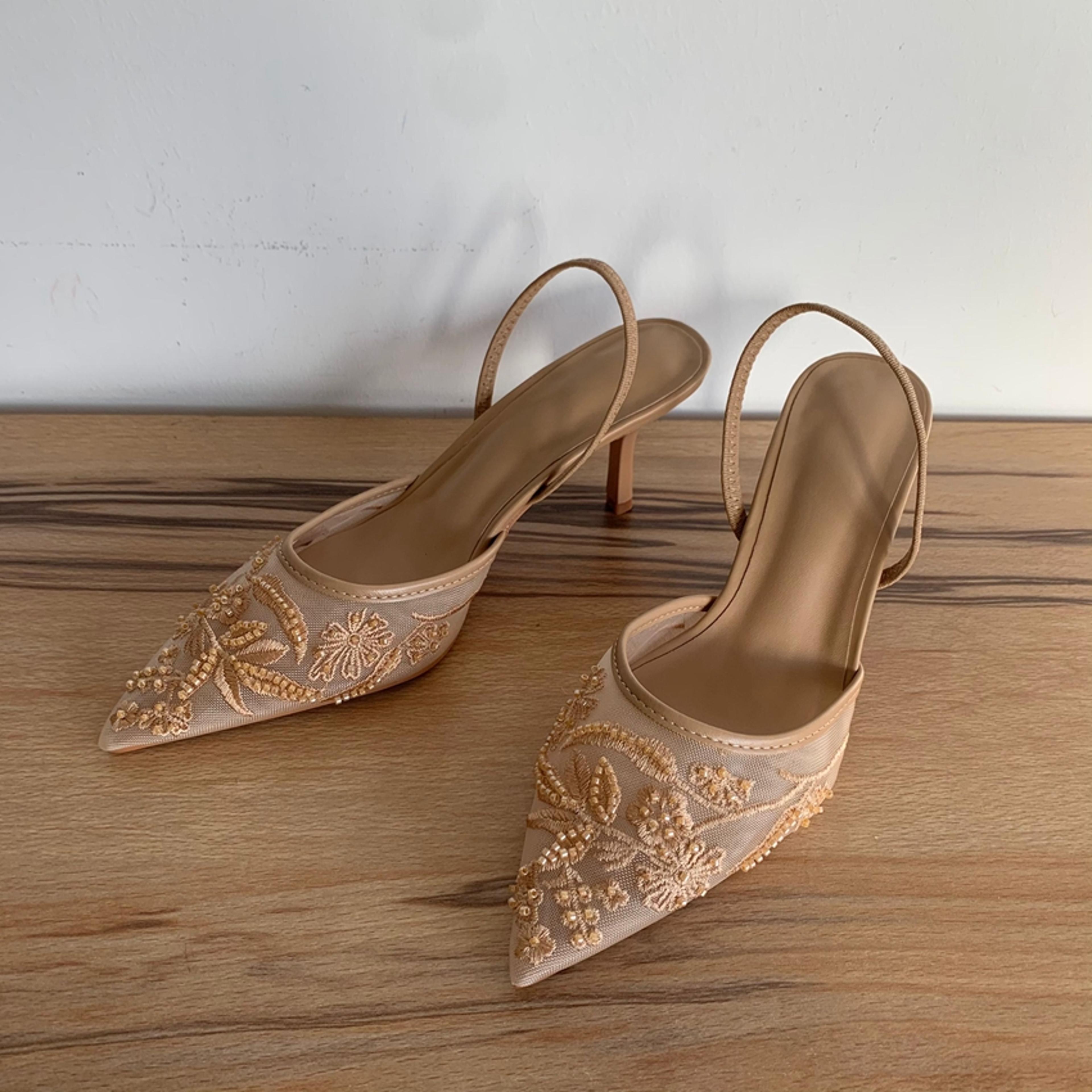 floral embroidered mesh slingback heels pointed toe dress pumps for women