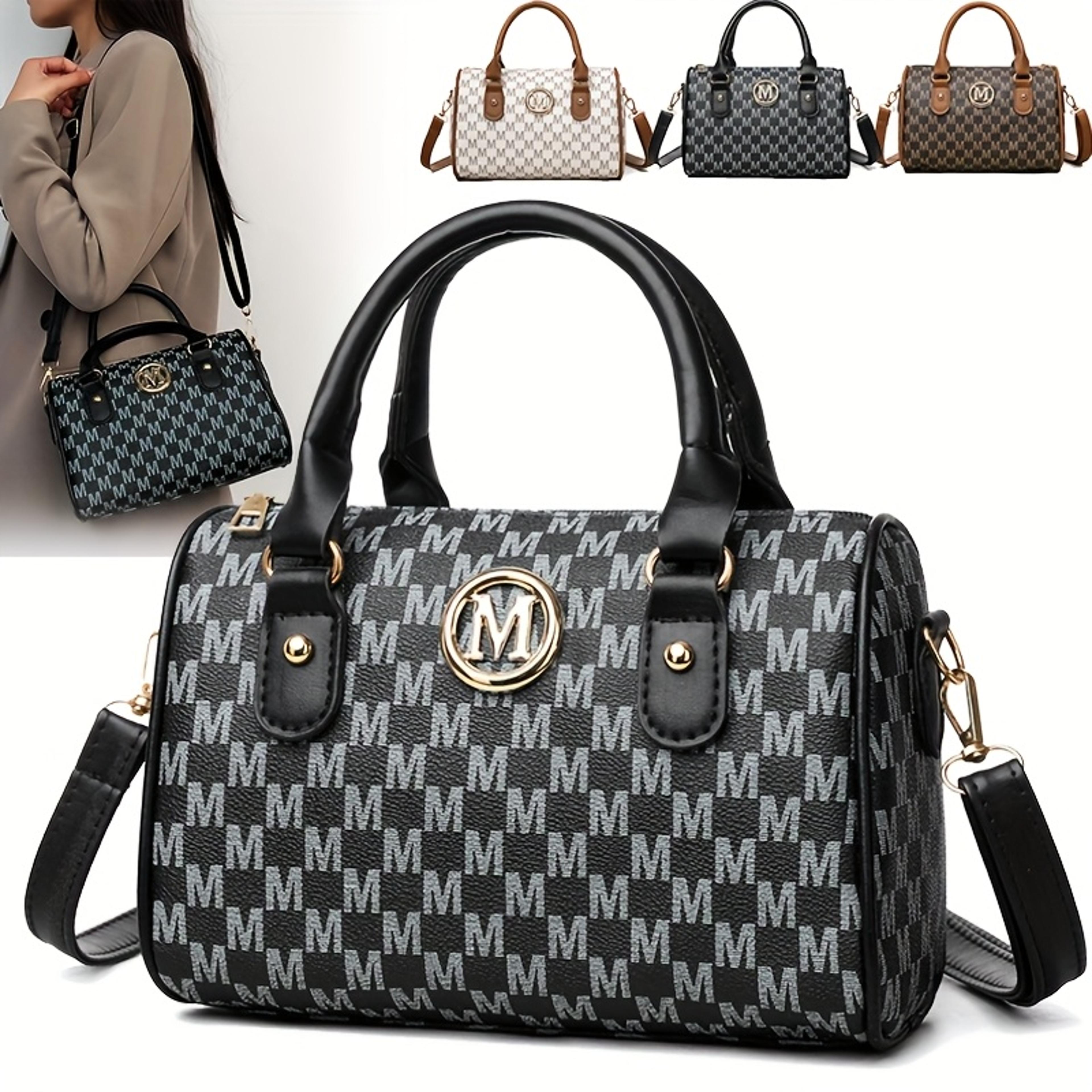 women's faux leather crossbody bag with monogram pattern and gold accent