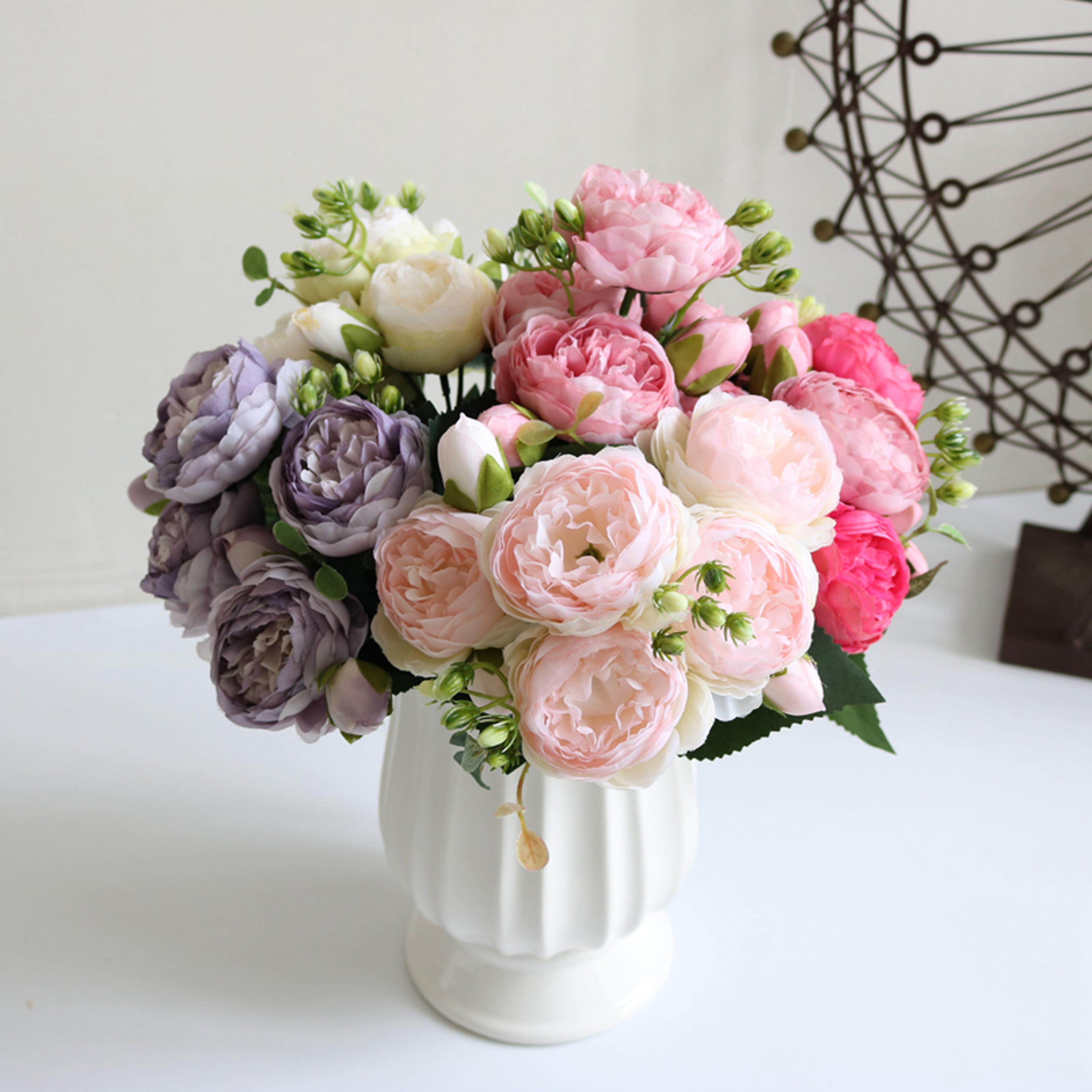 5 head artificial peony rose bouquet silk flowers for wedding and home decor