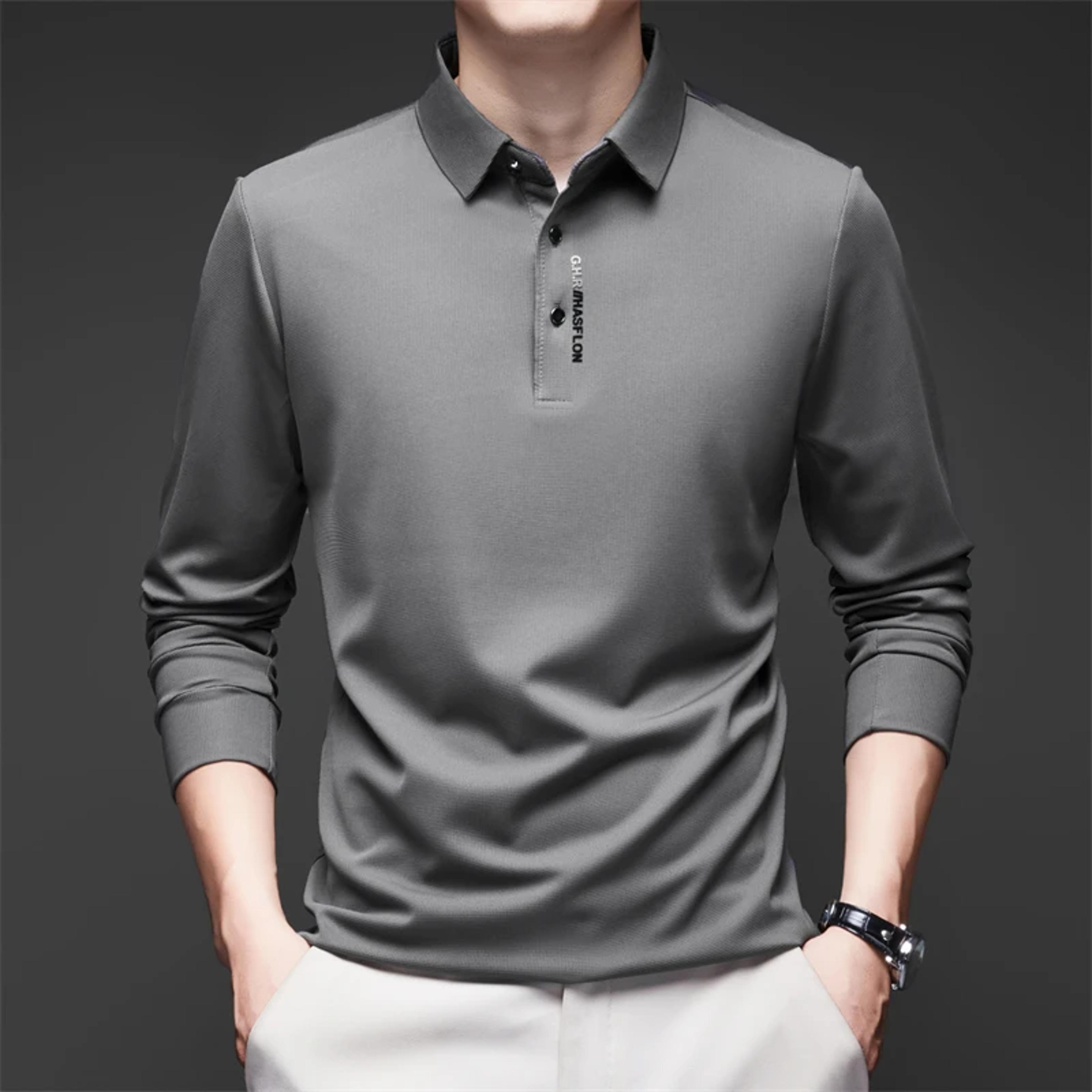 men's business casual long sleeve polo shirt with badge