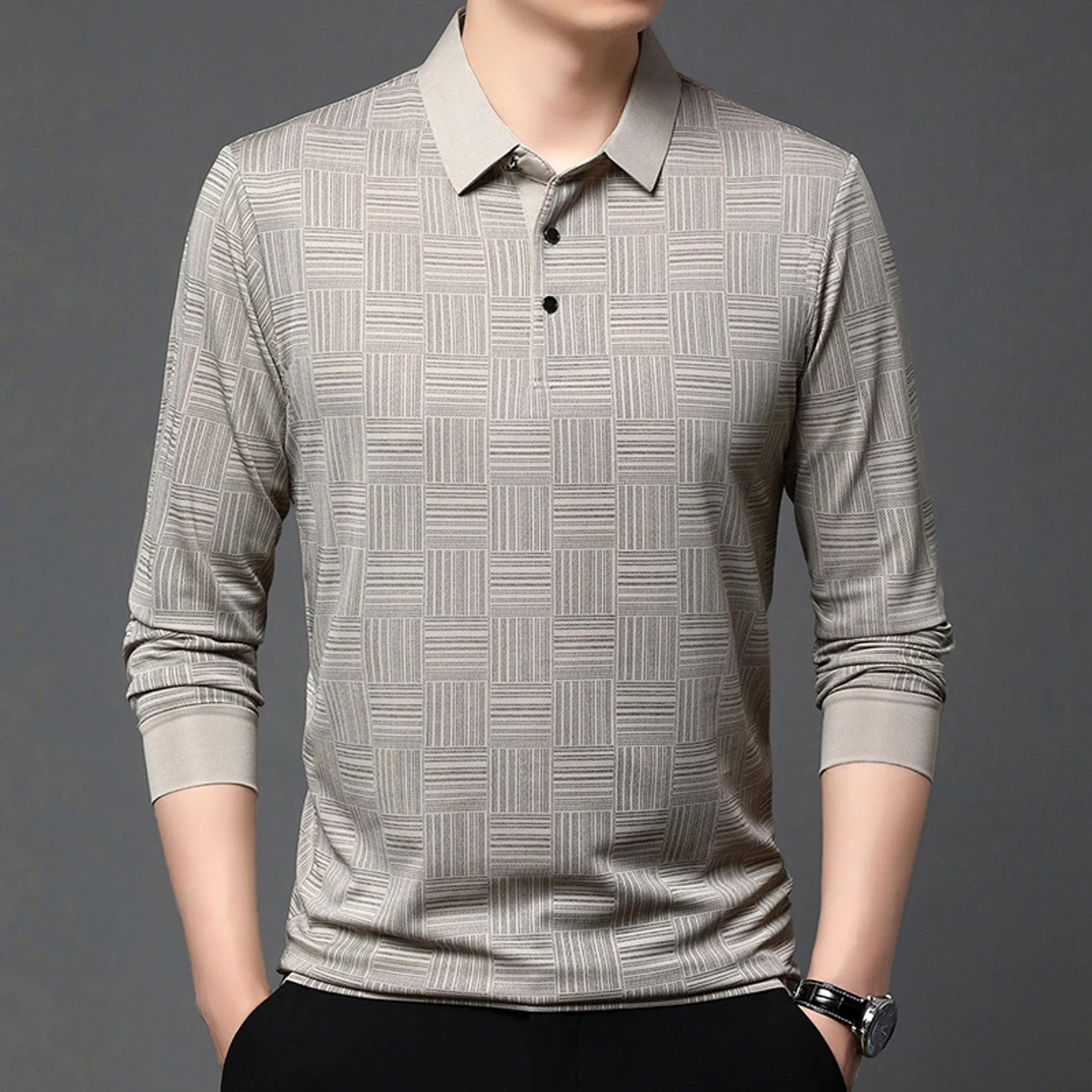 men's business casual long sleeve polo shirt breathable solid color top