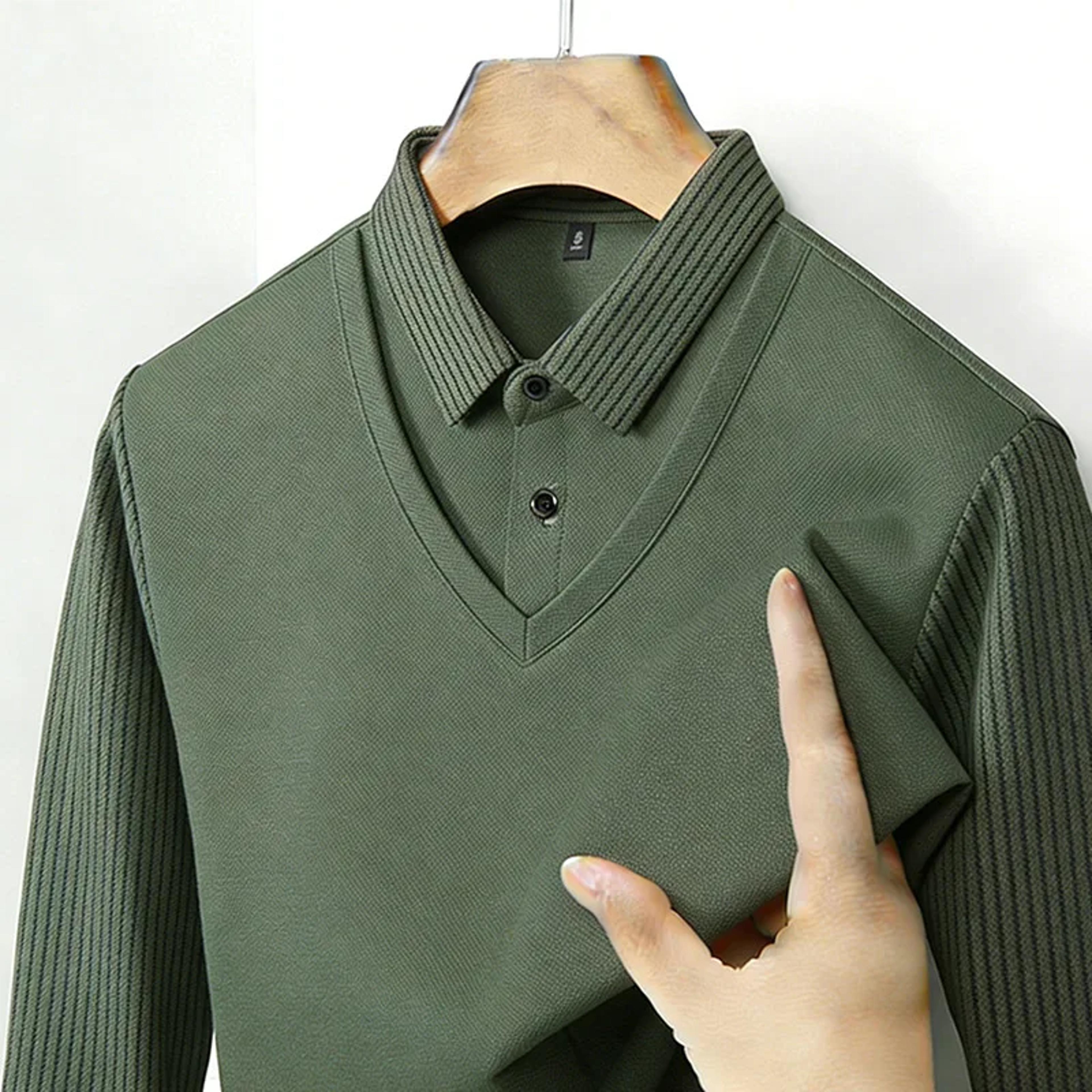 men's fake two piece shirt v neck striped long sleeve casual top